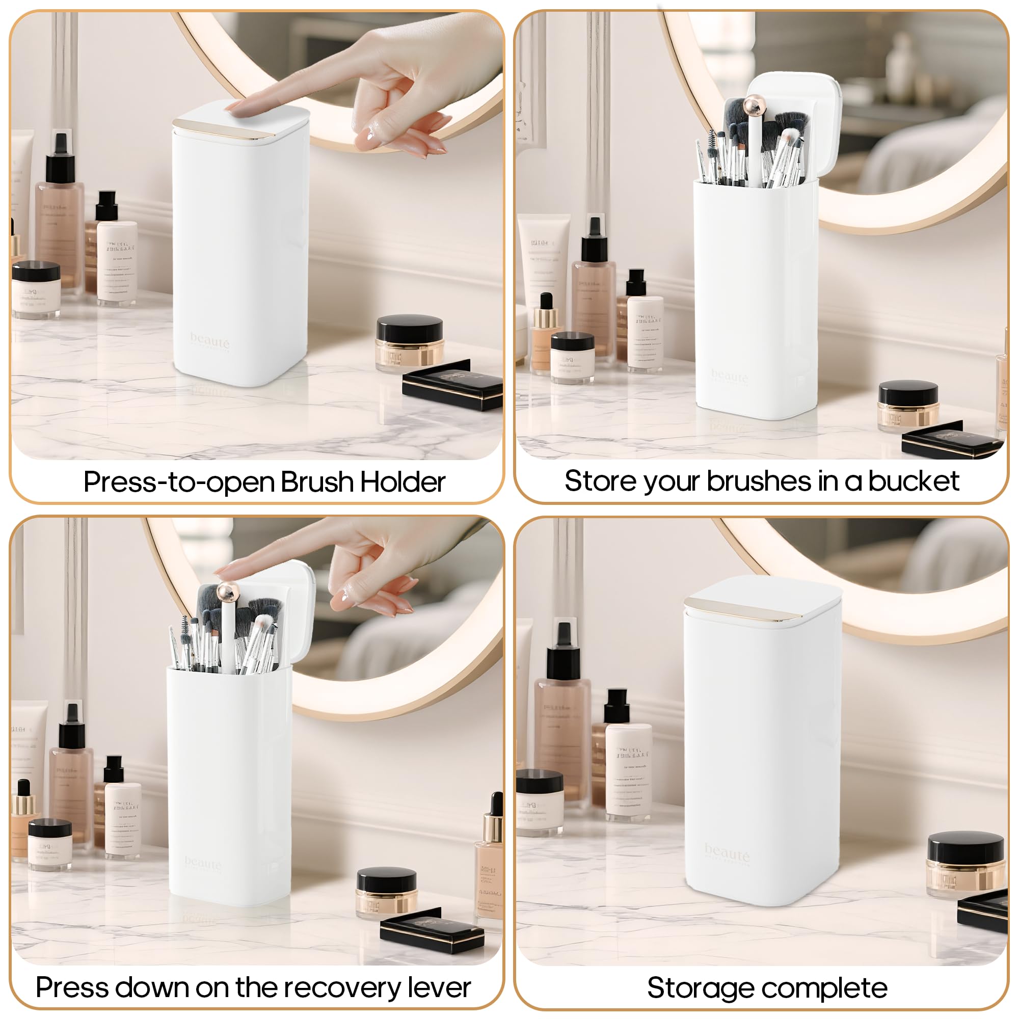 Makeup Brush Holder with Lid Cosmetic Tools Organizer,One Touch Open 4 Slot Makeup Brush Case with Waterproof Dustproof, Cosmeti