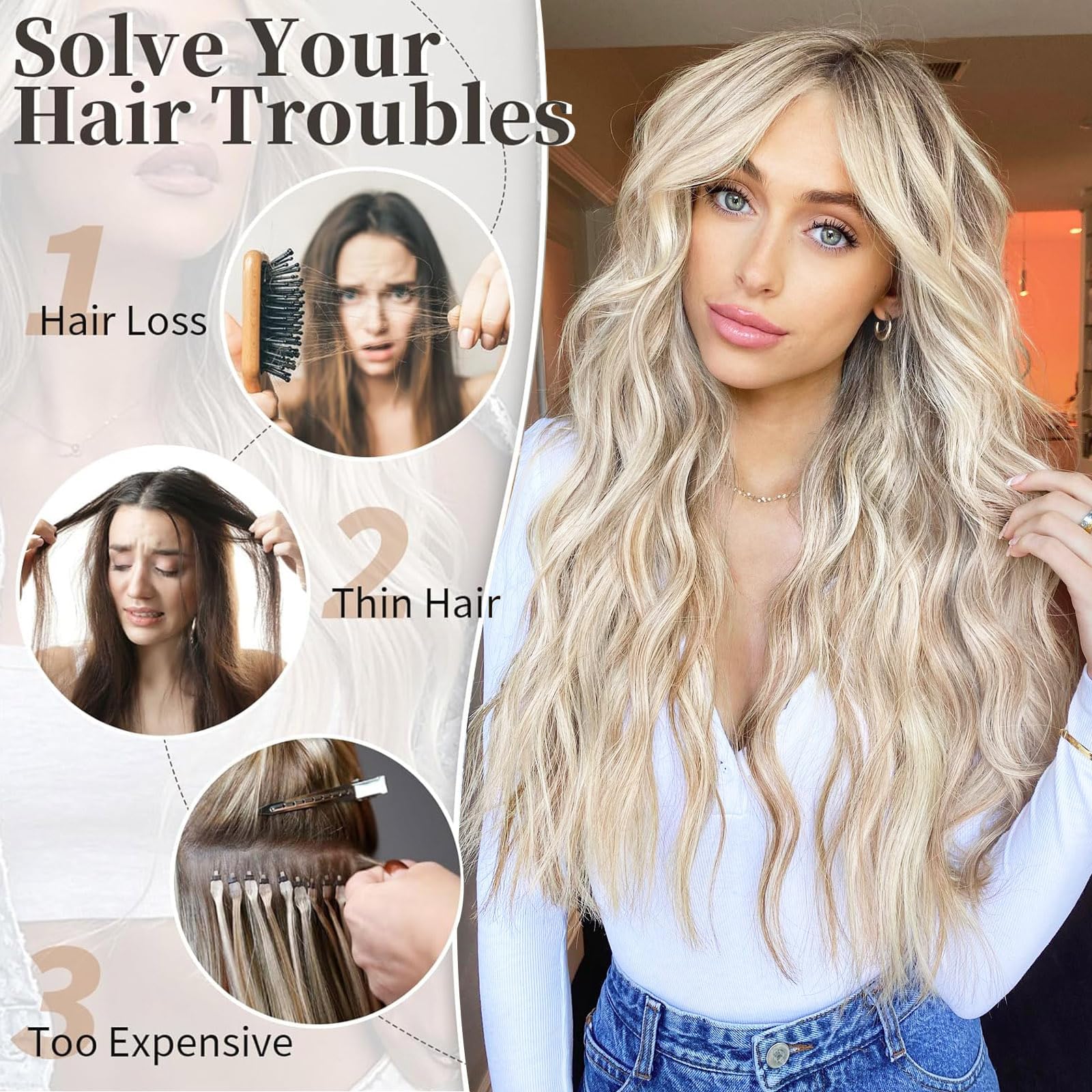 Alxnan Clip In Long Wavy Synthetic Hair Extension 20 Inch Ash Blonde Mix Highlights 4Pcs Thick Hairpieces Fiber Double Weft Hair