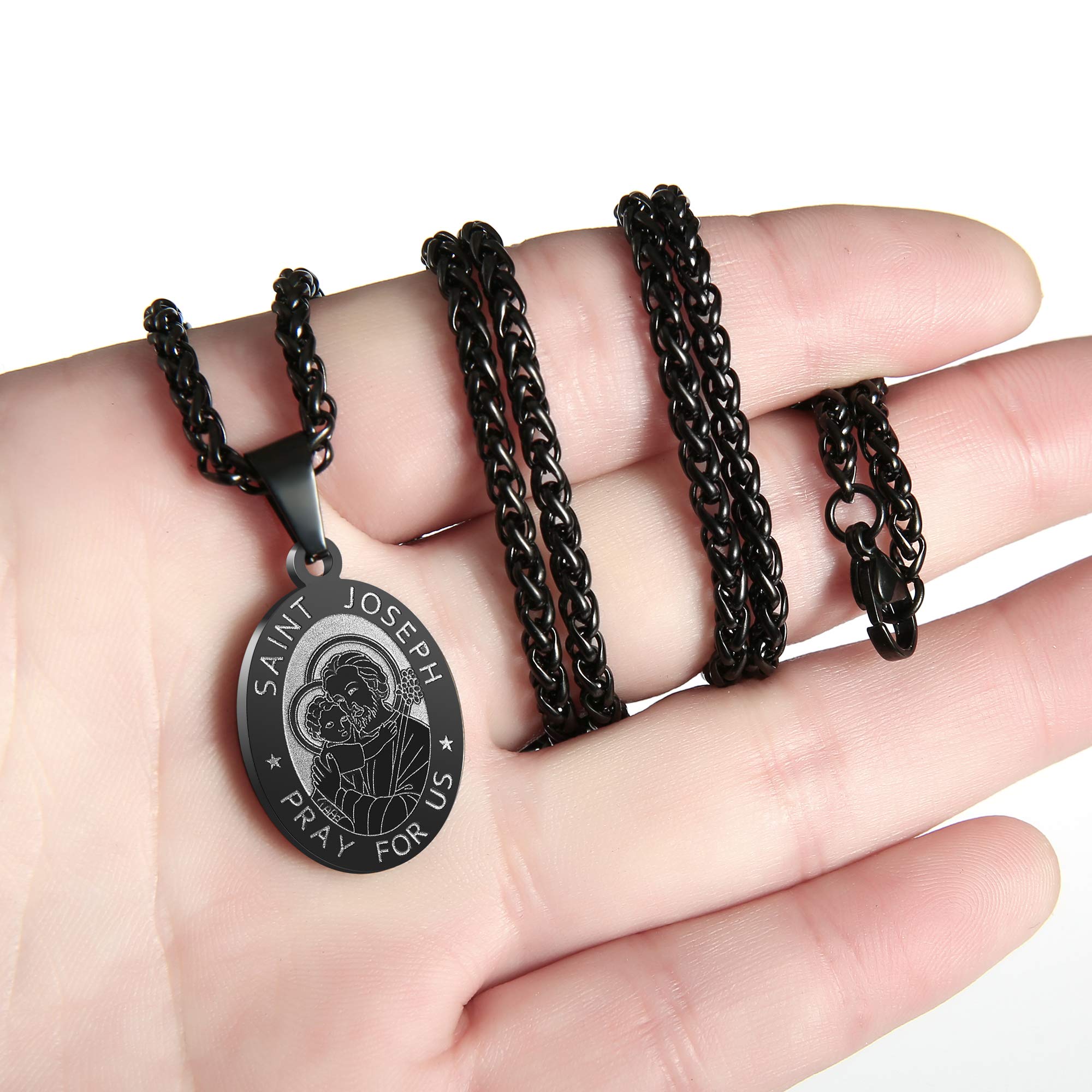 P. BLAKE Black St. Saint Joseph Medal Necklace for Men Religious Stainless Steel Catholic Saint Joseph Pendant Chain