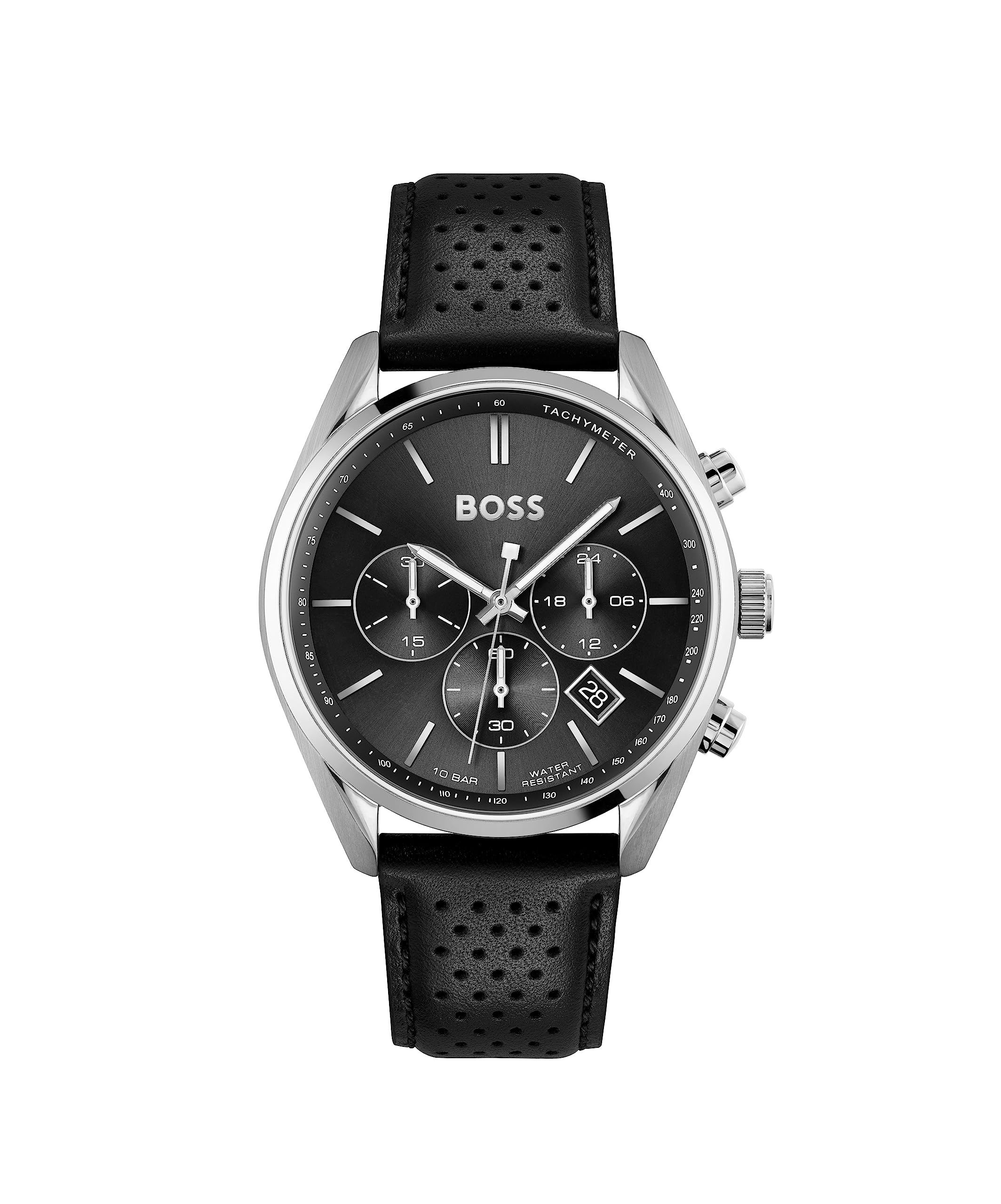 Boss Hugo Mens Leather Champion Analog Black Dial Watch1513816, Band Color:Black
