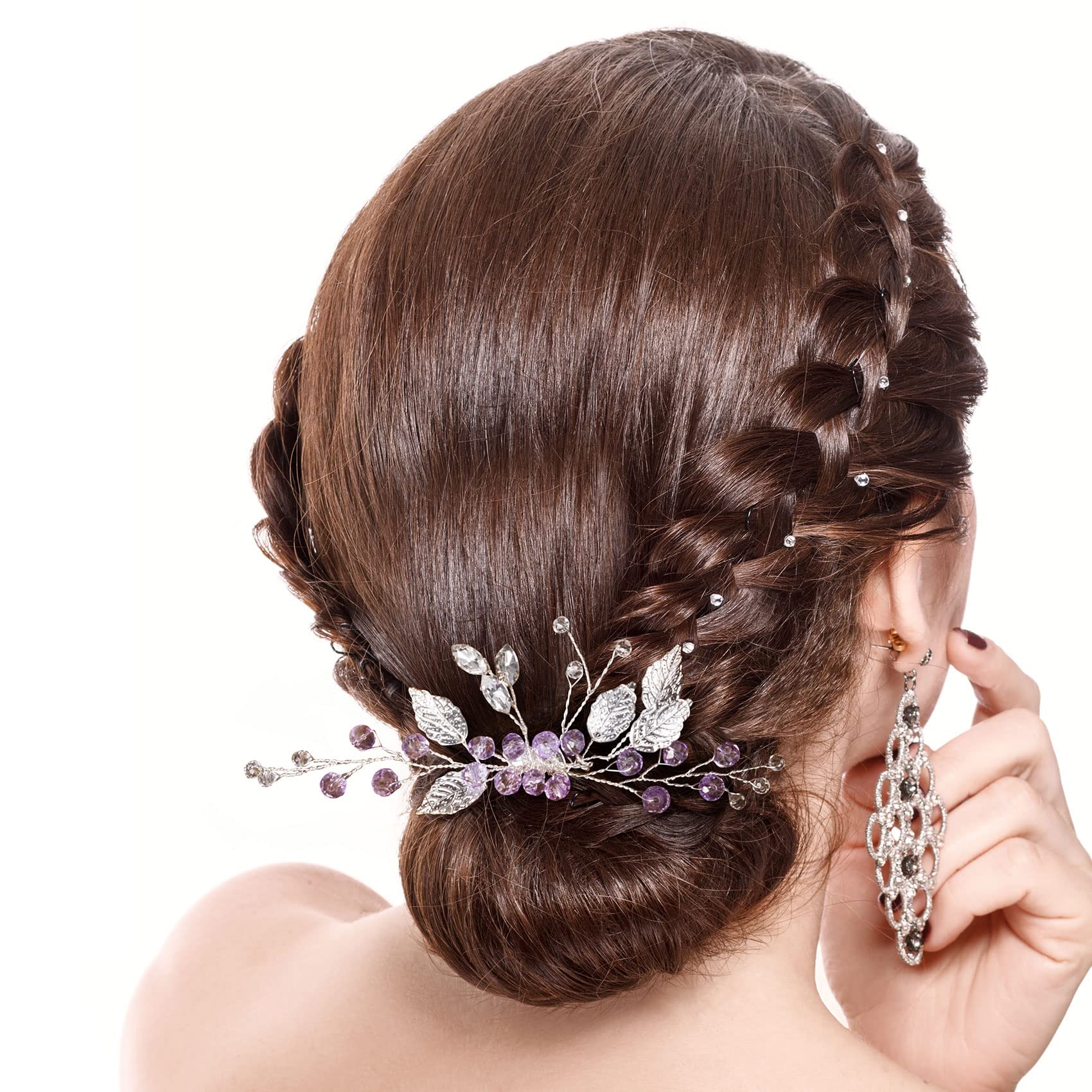 PAGOW 2PCS Leaf Hair Combs, Purple Rhinestone Hair Comb Clips, Hair Side Comb Clips, Crystal Wedding Headpiece Hair Accessories