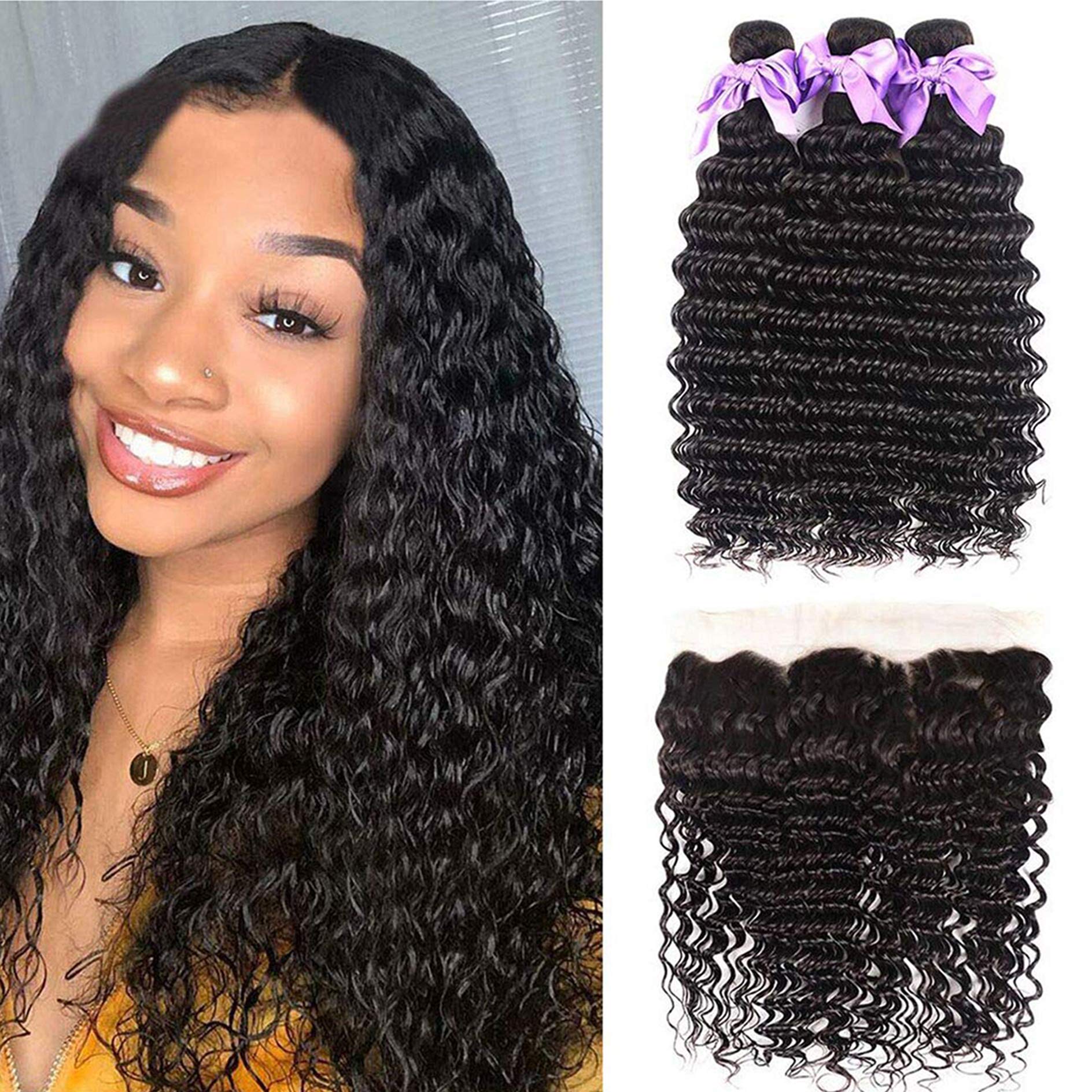Brazilian Hair Deep Wave 3 Bundles with Frontal 13x4 Free Part Lace Frontal 100% Virgin Human Hair Bundles Brazilian Hair Extens