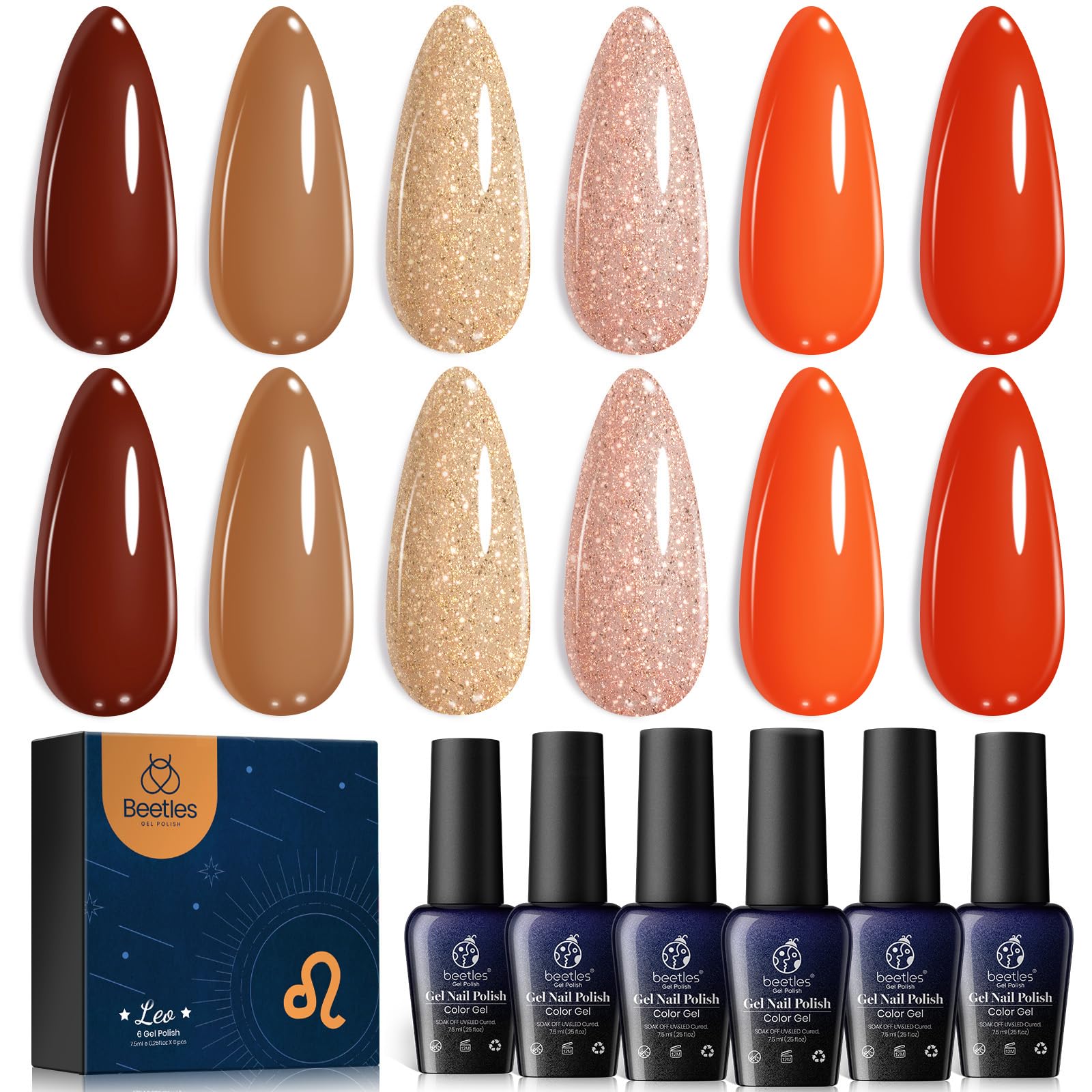 Beetles Fall Gel Polish Nail, 6 Colors Golden Empire Orange Yellow Brown Gel Polish Set Soak Off Uv LED Lamp Trendy Manicure Gel