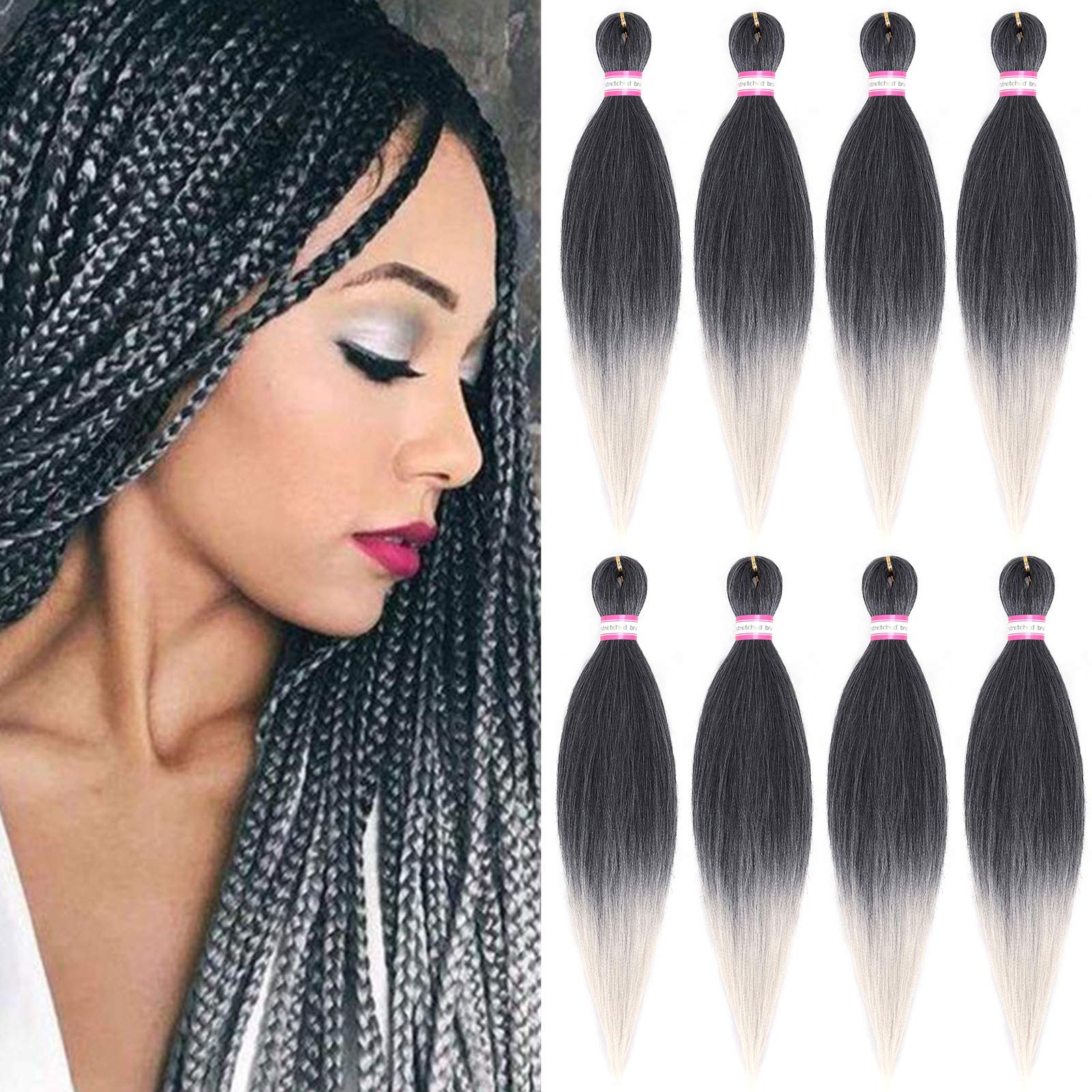 Dorsanee Ombre Grey Braiding Hair Pre Stretched 20 Inch 8 Packs Braiding Hair Extensions For Crochet Box Braids Twists Locs Hair