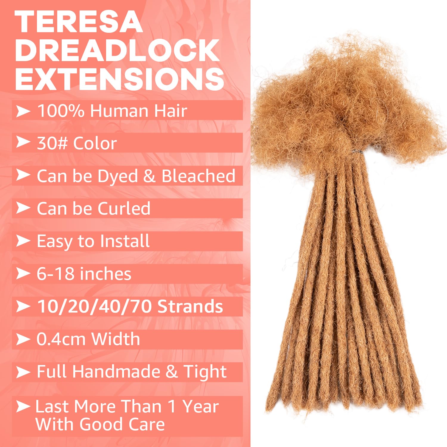 Teresa 6 Inch 0.4Cm Width Loc Extension Human Hair #30 Brown Color 70 Strands Full Hand-Made Permanent Locs Extensions Can Be Dy