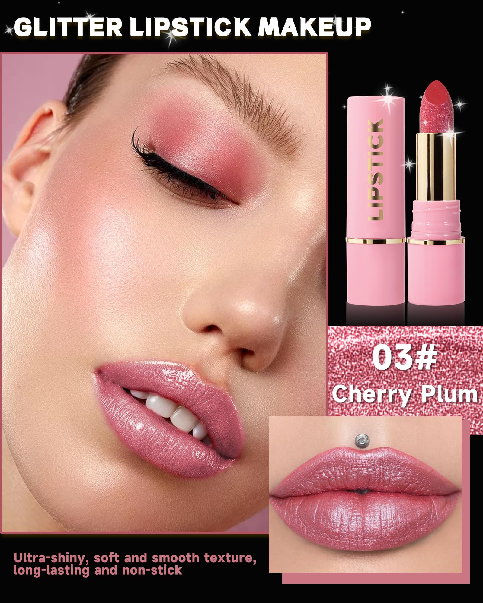 Diamond Glitter Matte Lipstick,Rose Pink Metallic Shimmer Lip Gloss Lip Tint,Longlasting Waterproof Non-Stick Lip Color,Full Cov