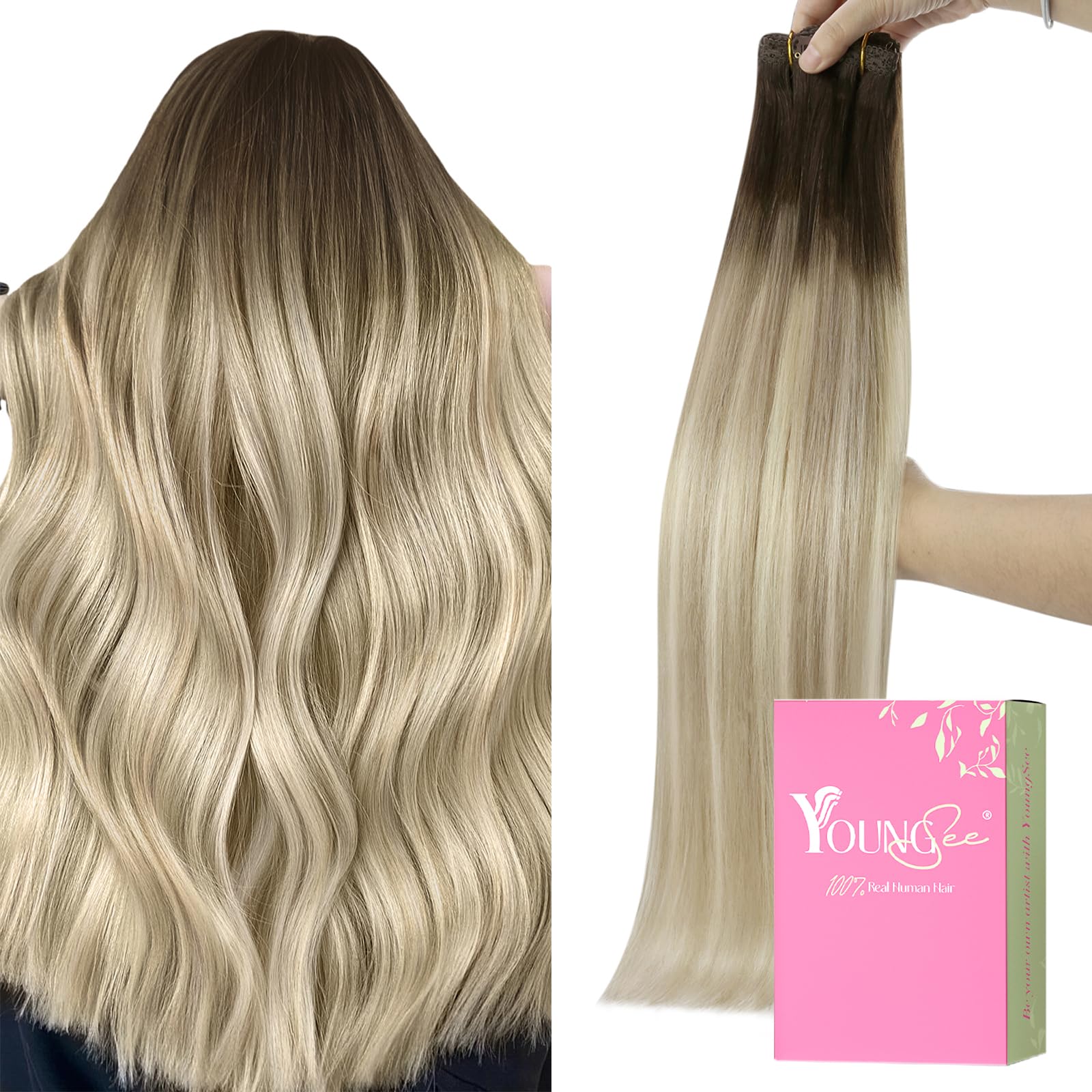 YoungSee Clip in Hair Extension Real Human Hair Ombre Blonde Clip in Extensions Real Human Hair Dark Brown Ombre Mix Blonde Bala