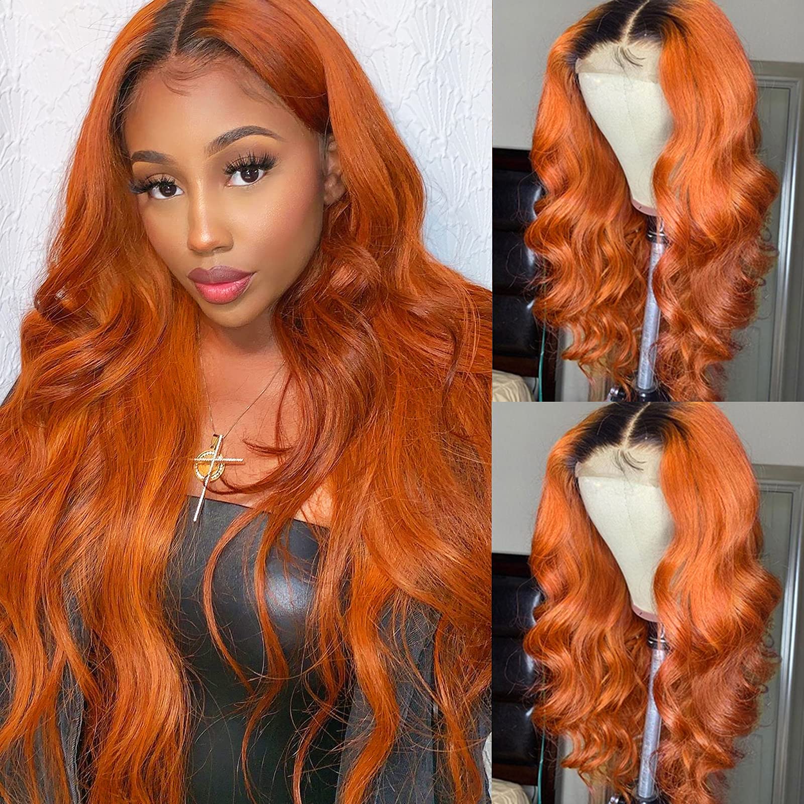 YMS Transparent HD Lace Front Wigs Human Hair Ombre 1b/Orange Human Hair Wigs for Black Women 180% Density Body Wave Frontal Wig