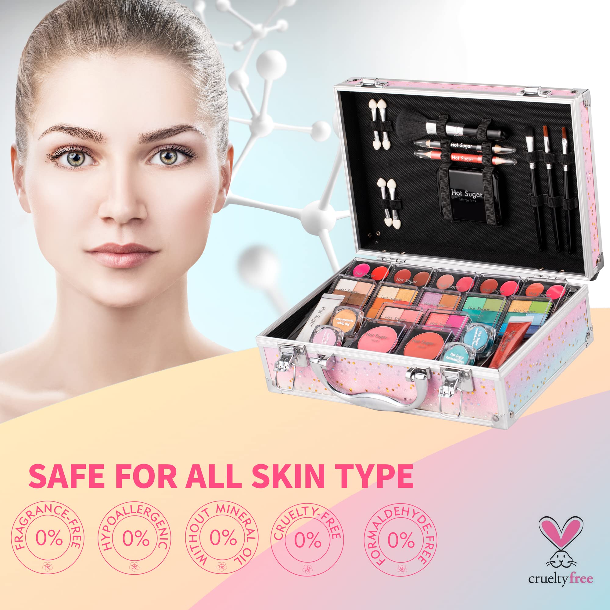 Hot Sugar Makeup Kit For Teenager Girls - Full Starter Cosmetics Set With Eye Shadow Lip Balm Blush Lip Gloss Brush Lip Pencil E