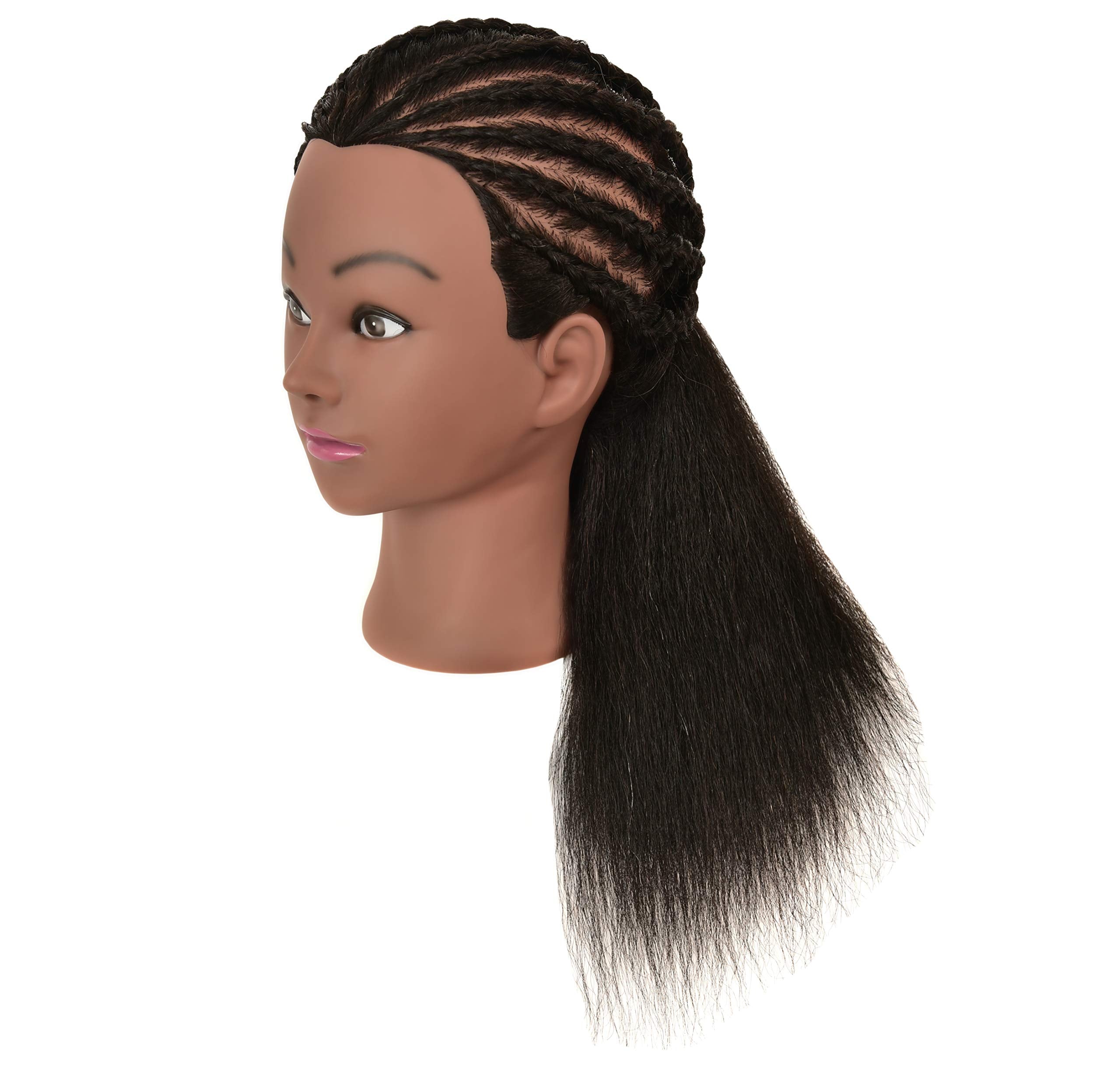 FUTAI 22" Human Hair Mannequin Head - Dark Black for Hairdresser Practice, Braiding, Styling, Coloring, and Cutting with Table Clamp Stand