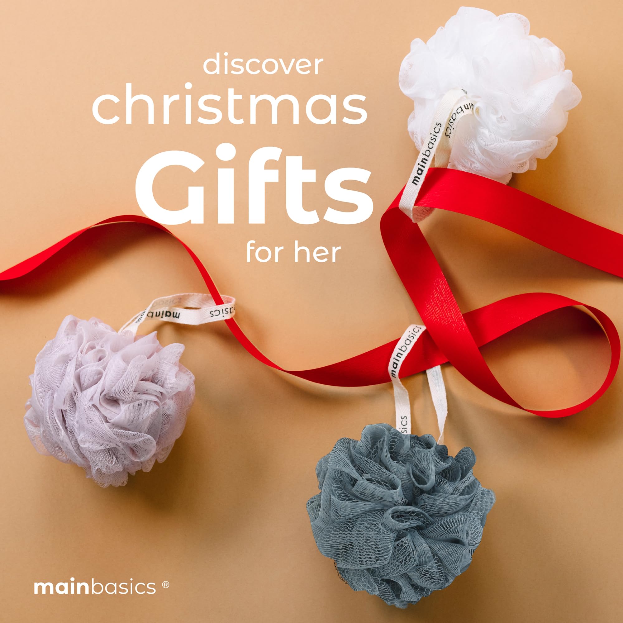 MainBasics Bath Shower Loofah Sponge Pouf Set of 3 - Exfoliating Body Scrubber in Airy Blossom, PE Mesh, Multi-Color (White, Pink, Blue)