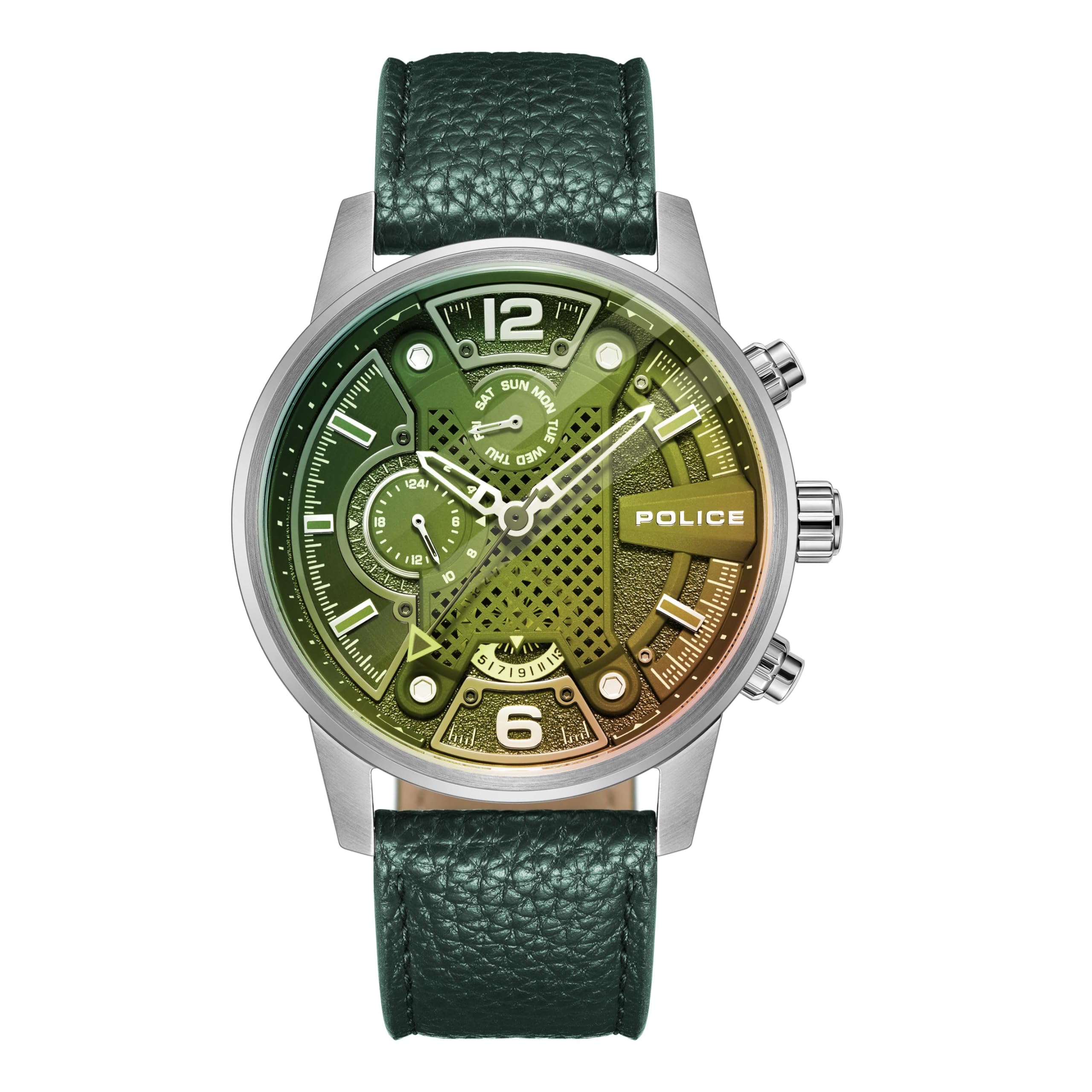 Police Quartz Multifunction Green Dial Leather Strap Watch For MenPlpewjf2203307W