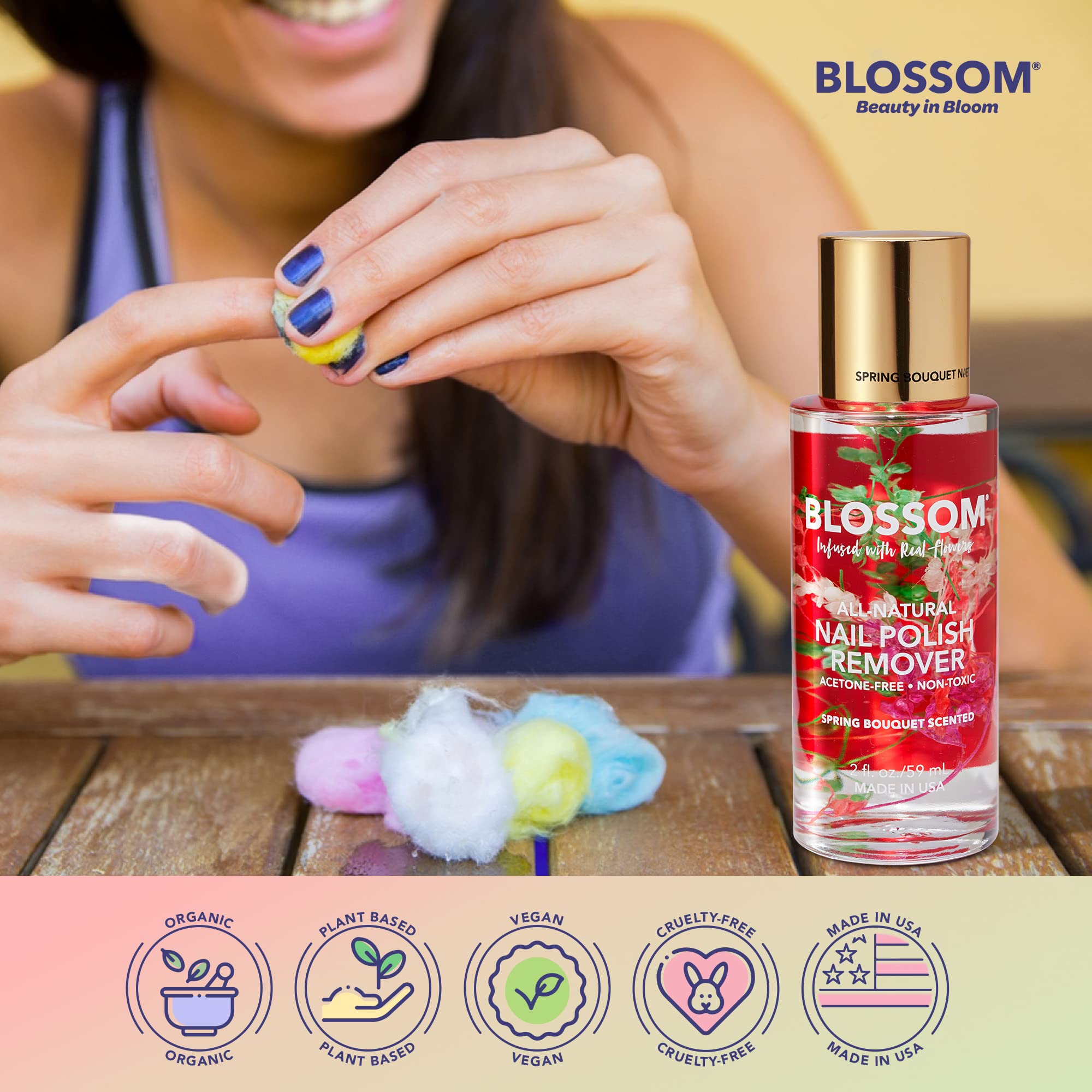 Blossom All Natural, Scented, Organic Plant-Based, Vegan, Cruelty Free, Acetone Free Nail Polish Remover, Infused With Real Flow