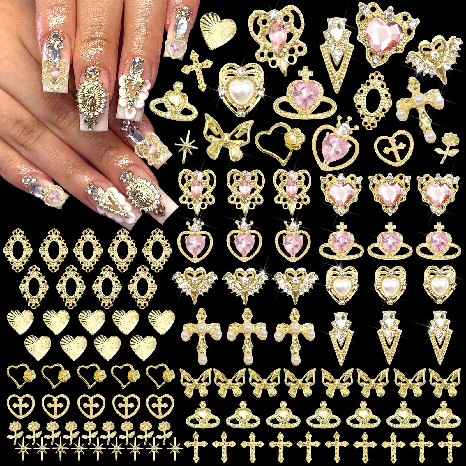 RODAKY 122PCS Gold Nail Charms - Pink Rhinestone Heart Charms, 3D Metal Butterfly Roses Cross Nail Gems for Manicure Design