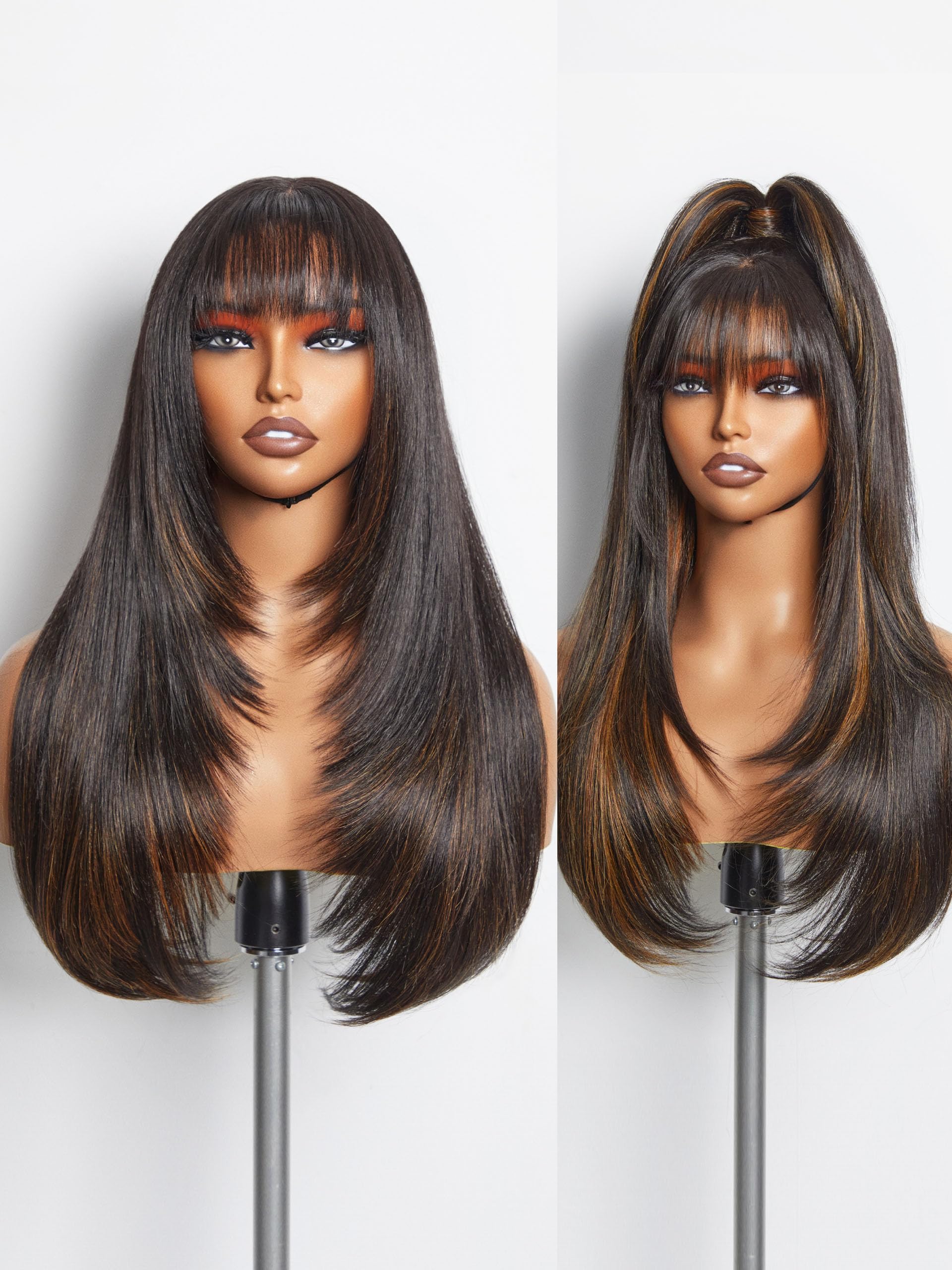 GORGIUS Highlight Straight Layered Wigs with Bangs Glueless Black Mixed Brown Wig 22 Inch Put On Go Wigs Crafted with Style-Arch