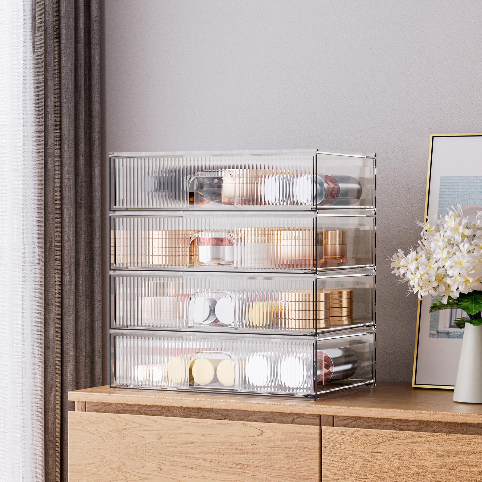 Zhiai Stackable Storage Drawer, 4 Piece Acrylic Organiser For Cosmetics And Beauty Products, Suitable For Dressers, Bathrooms, C