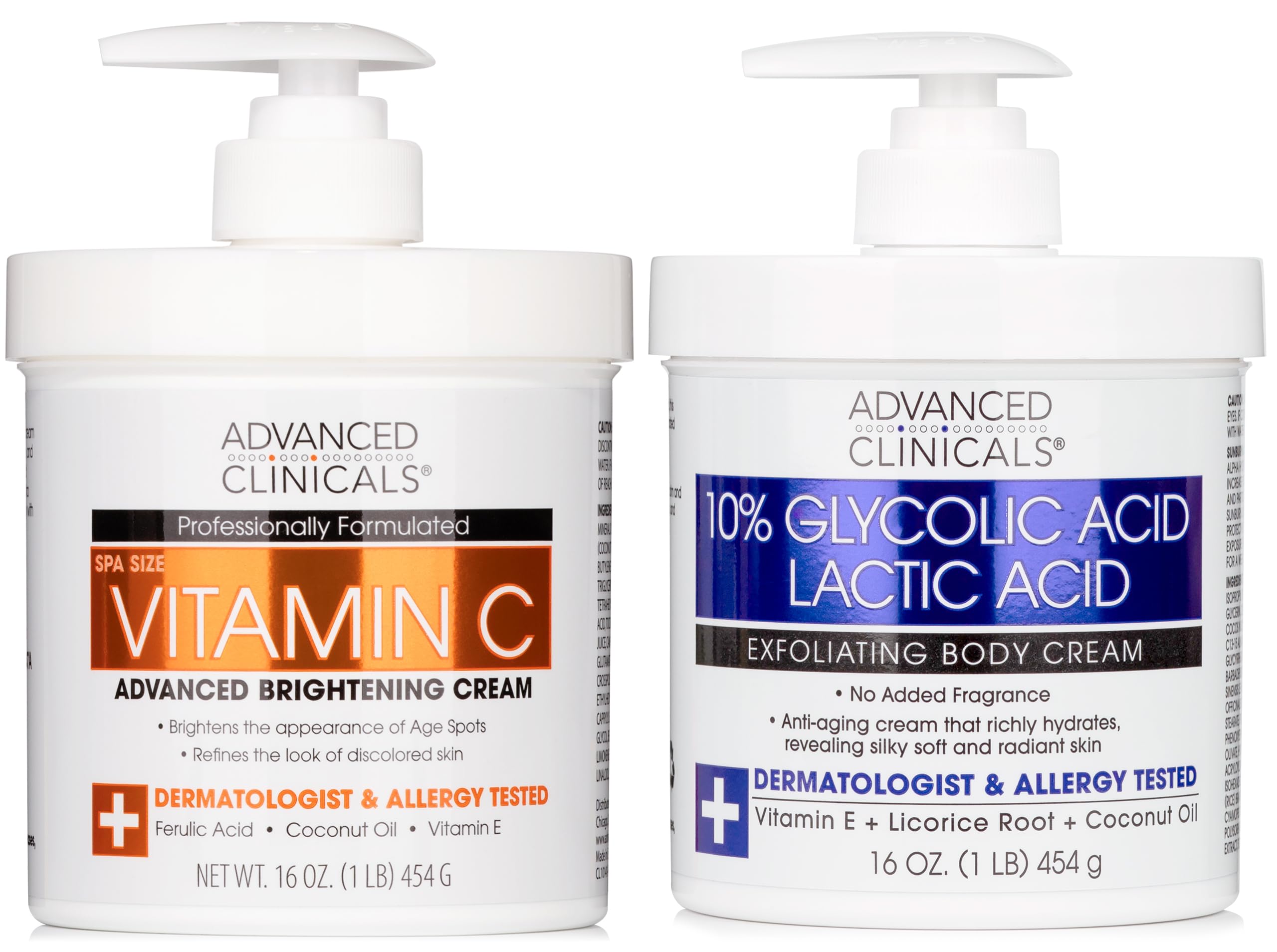 Advanced Clinicals Brightening Vitamin C Body Cream + AHA Exfoliating 10% Glycolic Acid & Lactic Acid Lotion 2PC Skincare Set Fo