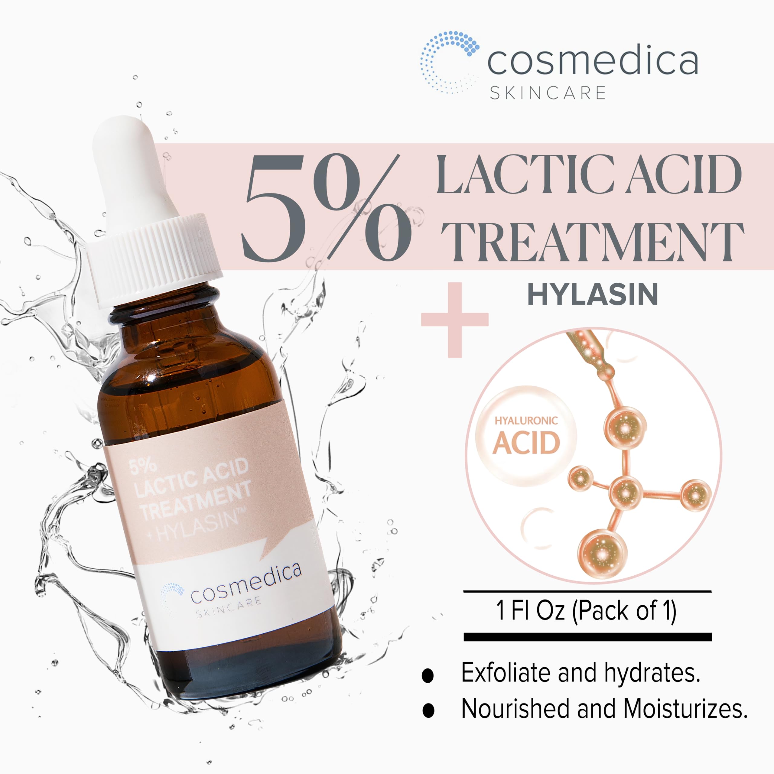 Cosmedica Skincare 5% Lactic Acid Treatment Hylasin - AHA, Hyaluronic Acid, Gentle Exfoliator Dark Spot Corrector, Anti-Aging, F