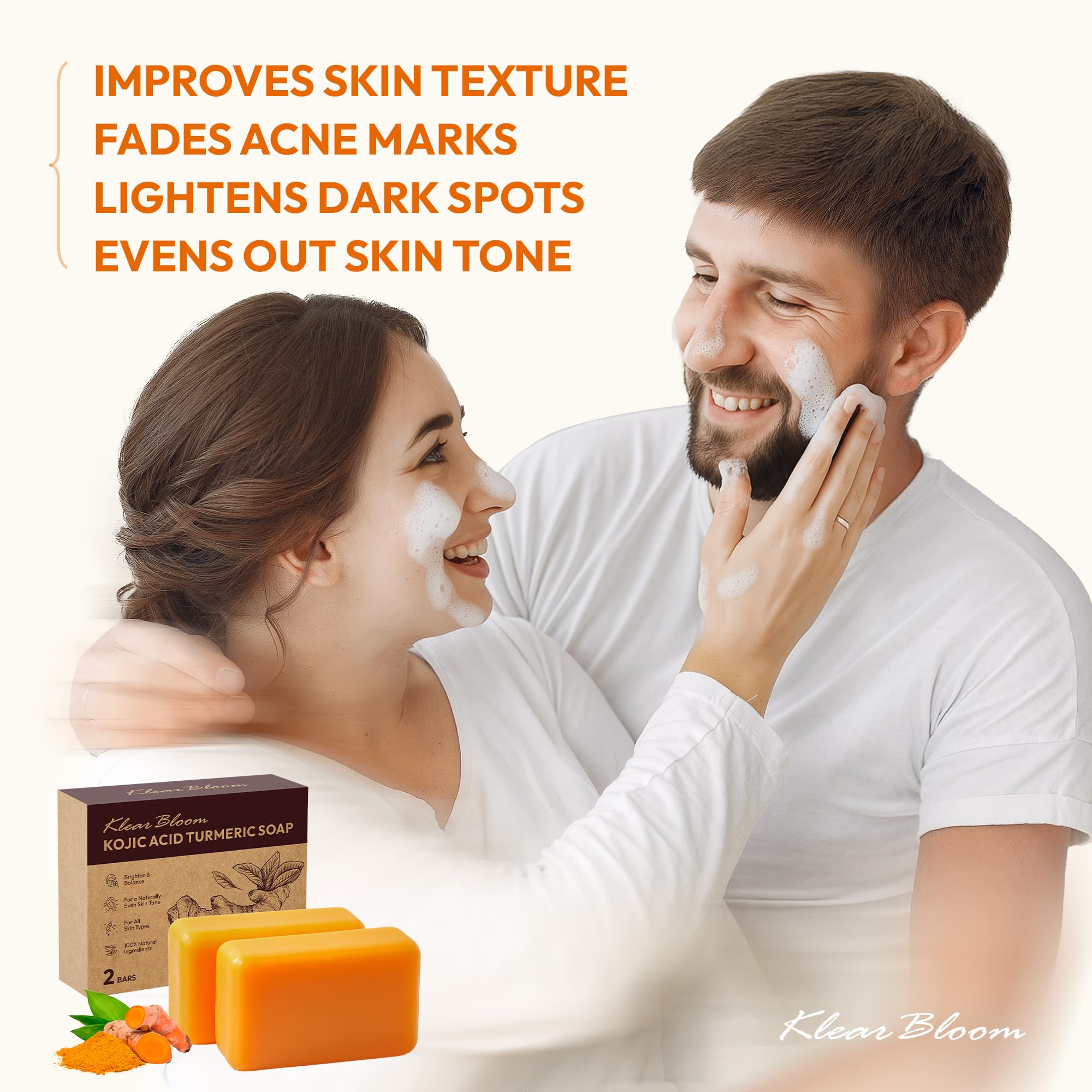 KlearBloom Kojic Acid Soap, Turmeric Soap Bar for Dark Spots with Collagen, Vitamin E, Retinol, Hyaluronic Acid, Shea Butter - 1