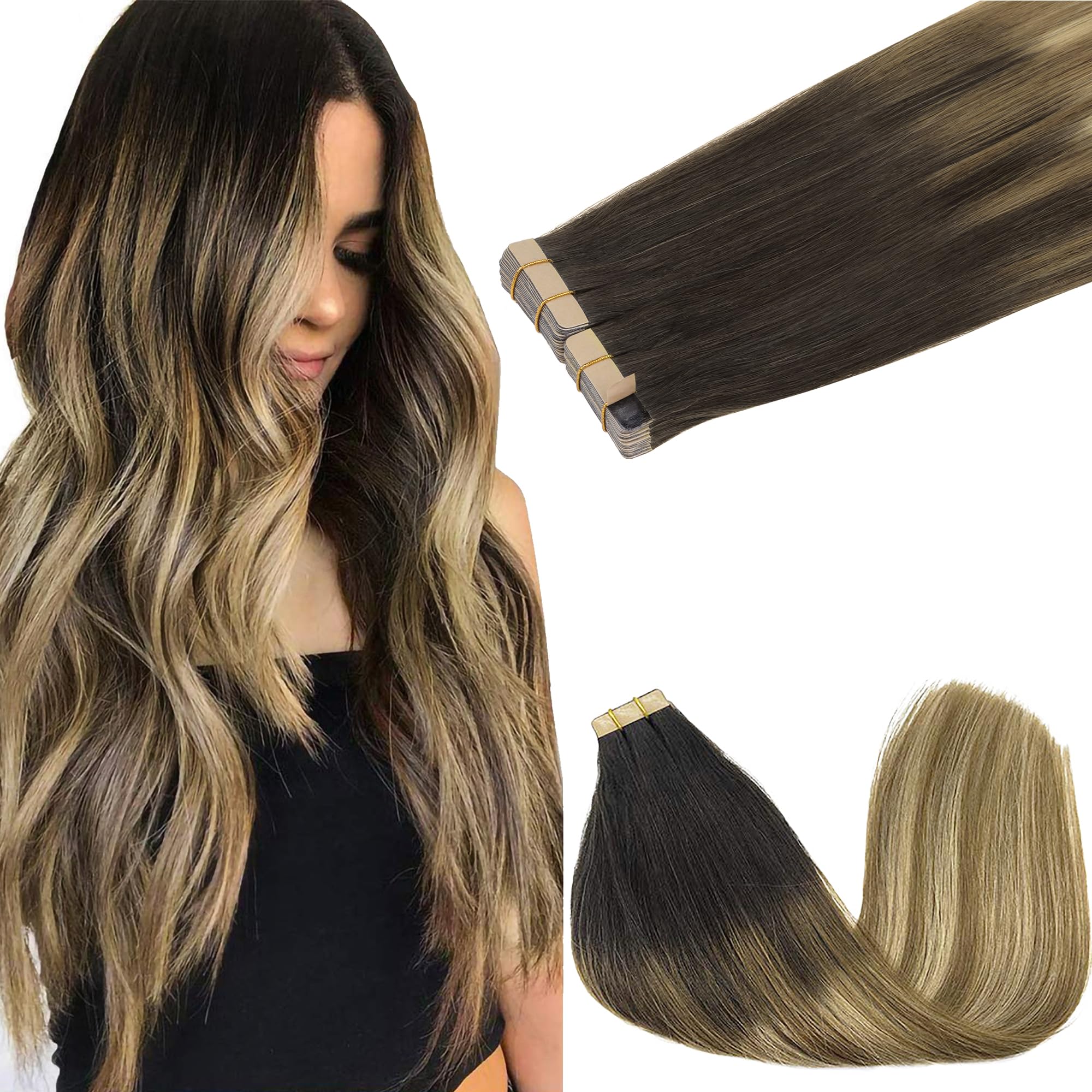 Goo Goo Tape In Hair Extensions Human Hair, 2/6/18 Balayage Brown To Dirty Blonde, 10Inch 60G 40Pcs, Thick Ends Straight Seamles