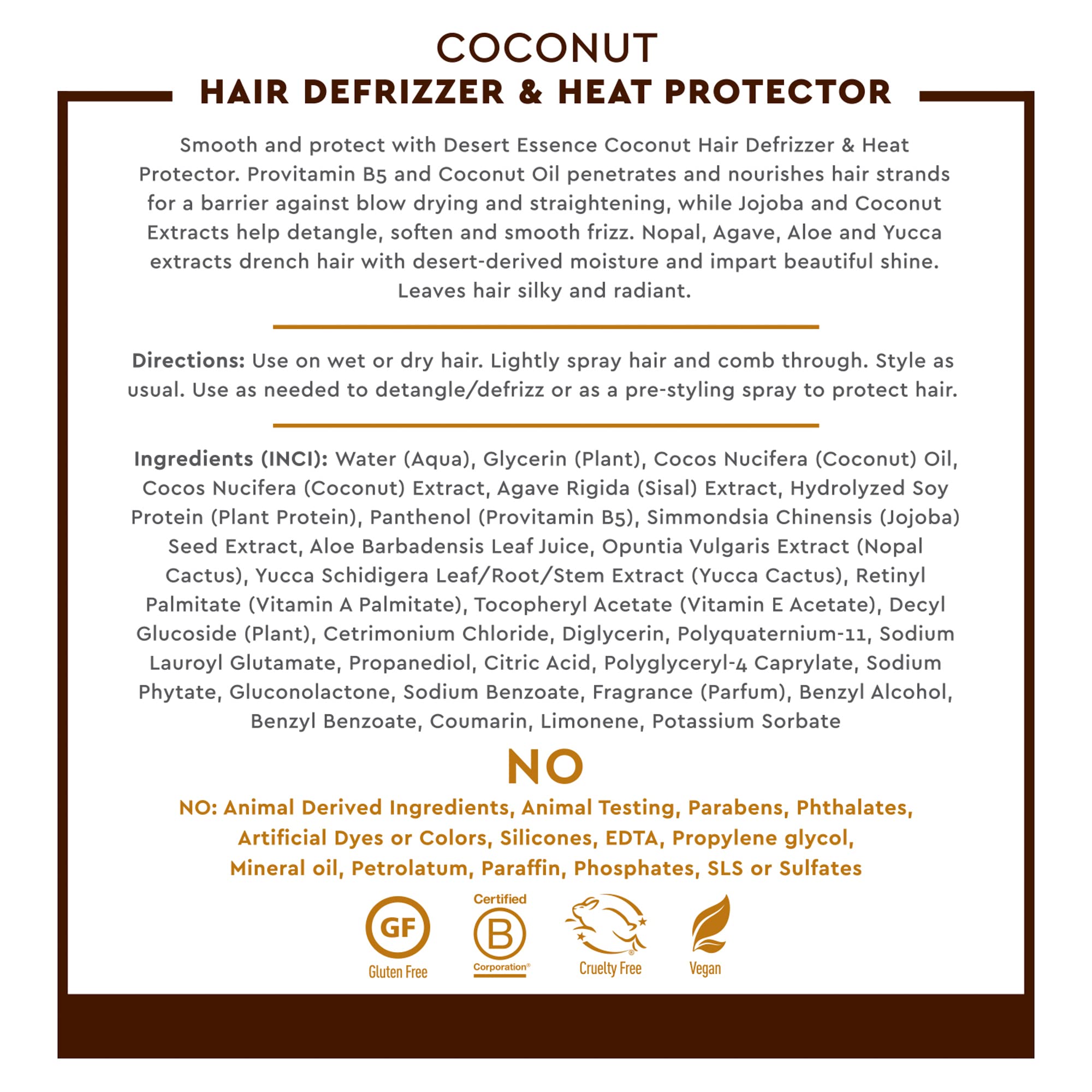 Desert Essence Coconut Hair Defrizzer & Heat Protector 8 Fl Oz - Gluten Free, Vegan, Cruelty Free - Coconut Oil & Jojoba Seed Ex