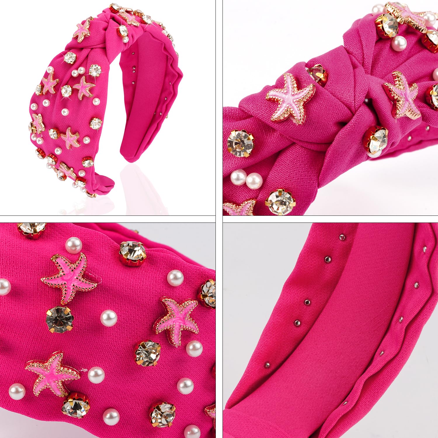 Atoden Hot Pink Headband With Pearl, Rhinestone, Beaded Crystal Jeweled Headbands For Women'S Hair Embellished Headbands, Top Kn