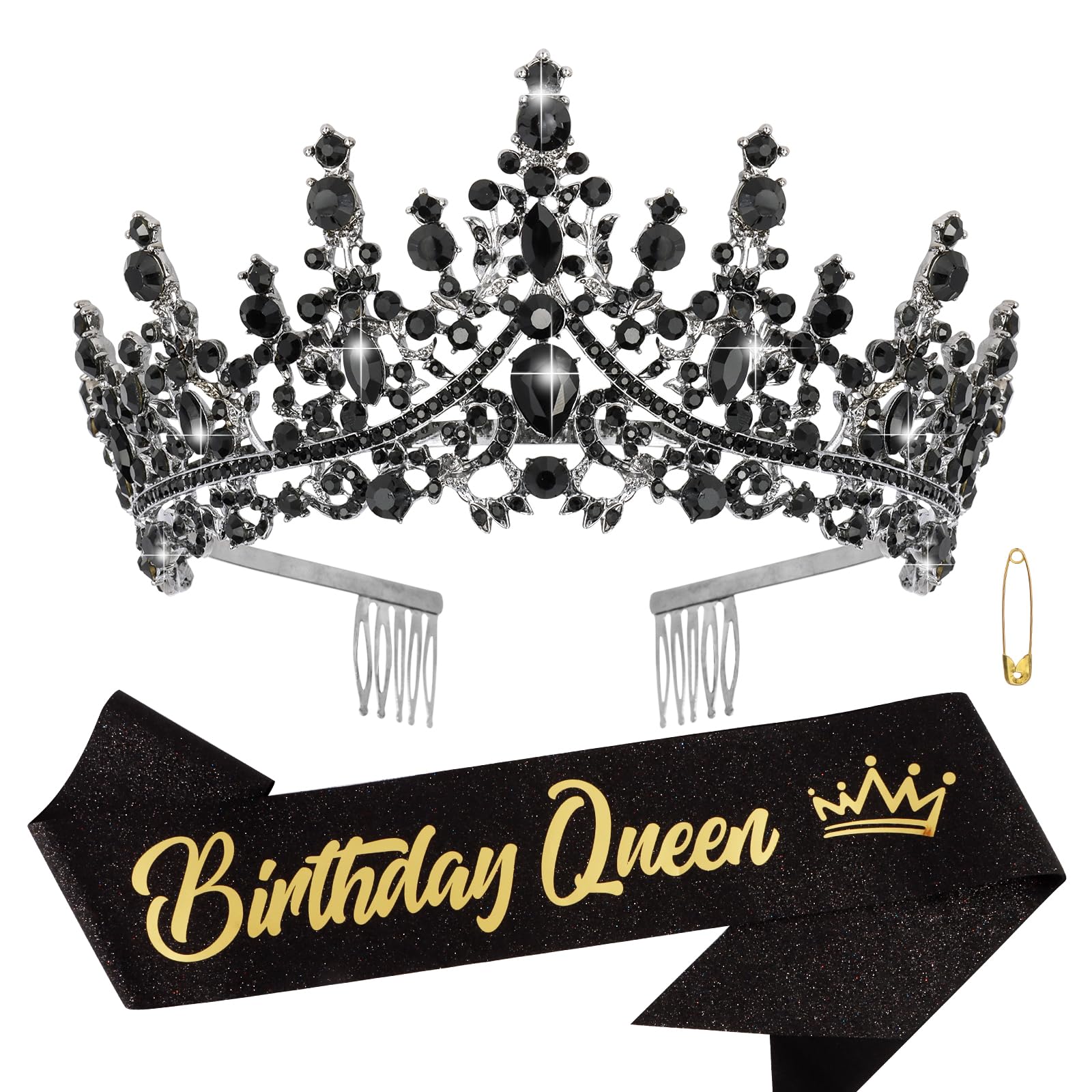 ATODEN Black Tiara Crown Birthday Queen Sash Tiaras and Crowns for Women Girls Crystal Princess Tiara Rhinestone Headbands Quinc