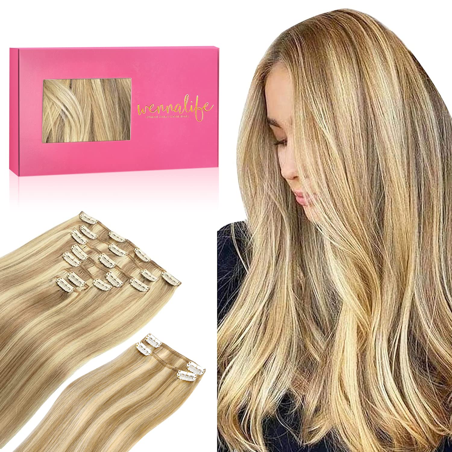 Wennalife Clip In Hair Extensions, 150G 18 Inch 9Pcs Light Blonde Highlighted Golden Blonde Human Hair Extensions Thicker Clip I