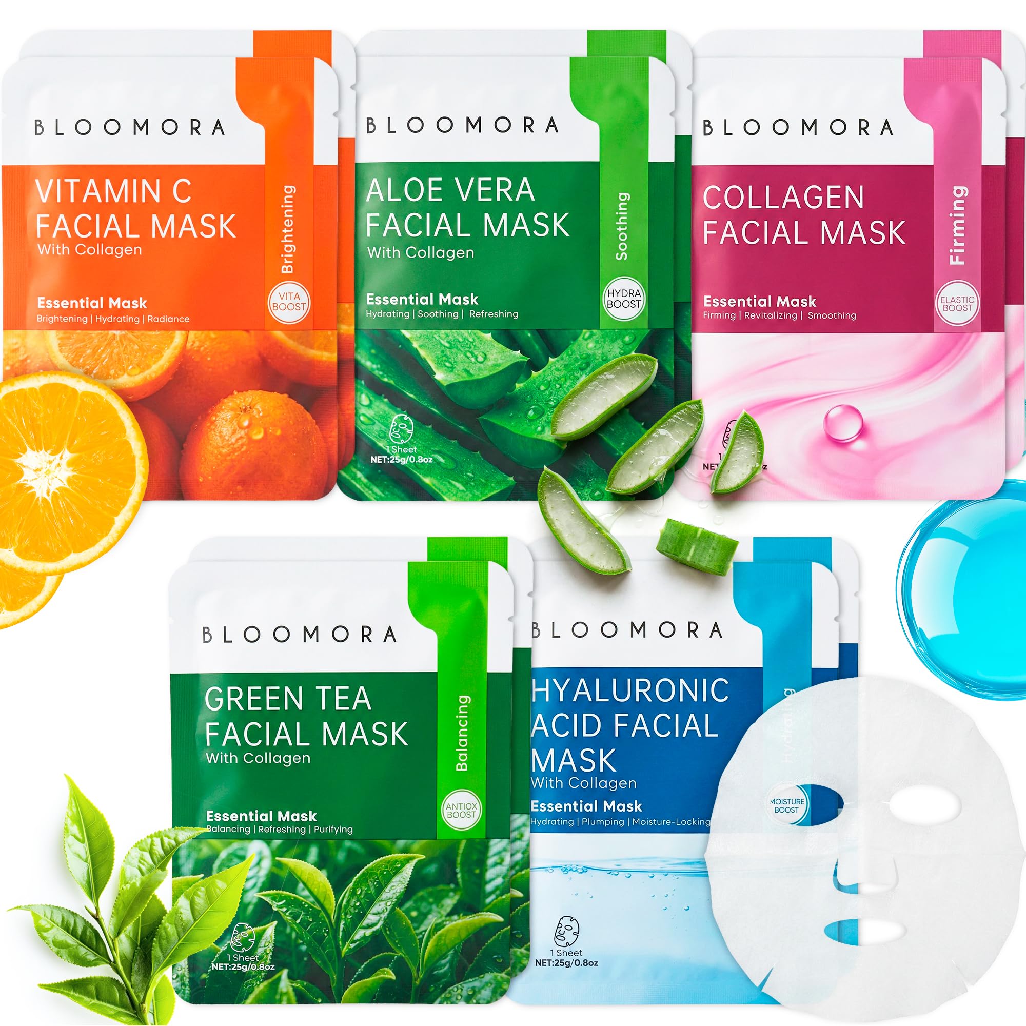 10 Pack Mixed Face Mask Set with Collagen, Hydrating Sheet Mask Skincare Set for Radiant, Fresh & Nourished Skin, Moisturizing F