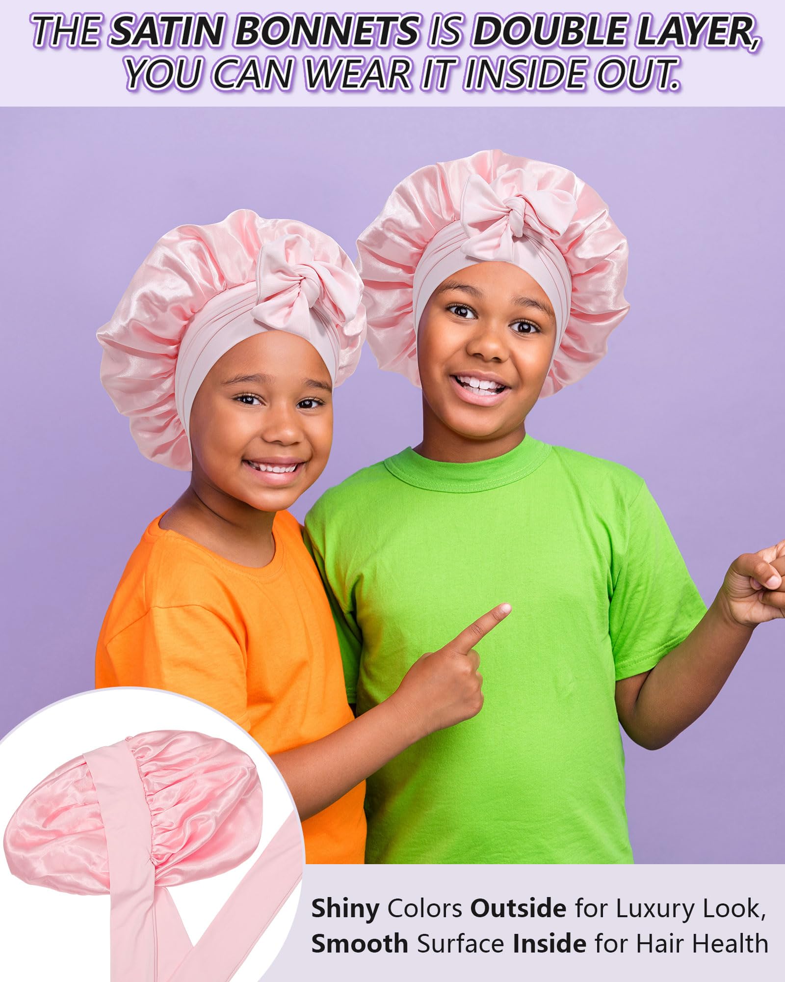Satin Bonnet For Kids Silk Bonnets For Sleeping Curly Hair Bonnet With Elastic Tie Band Double Layer Sleep Cap For Girls Boys 3-