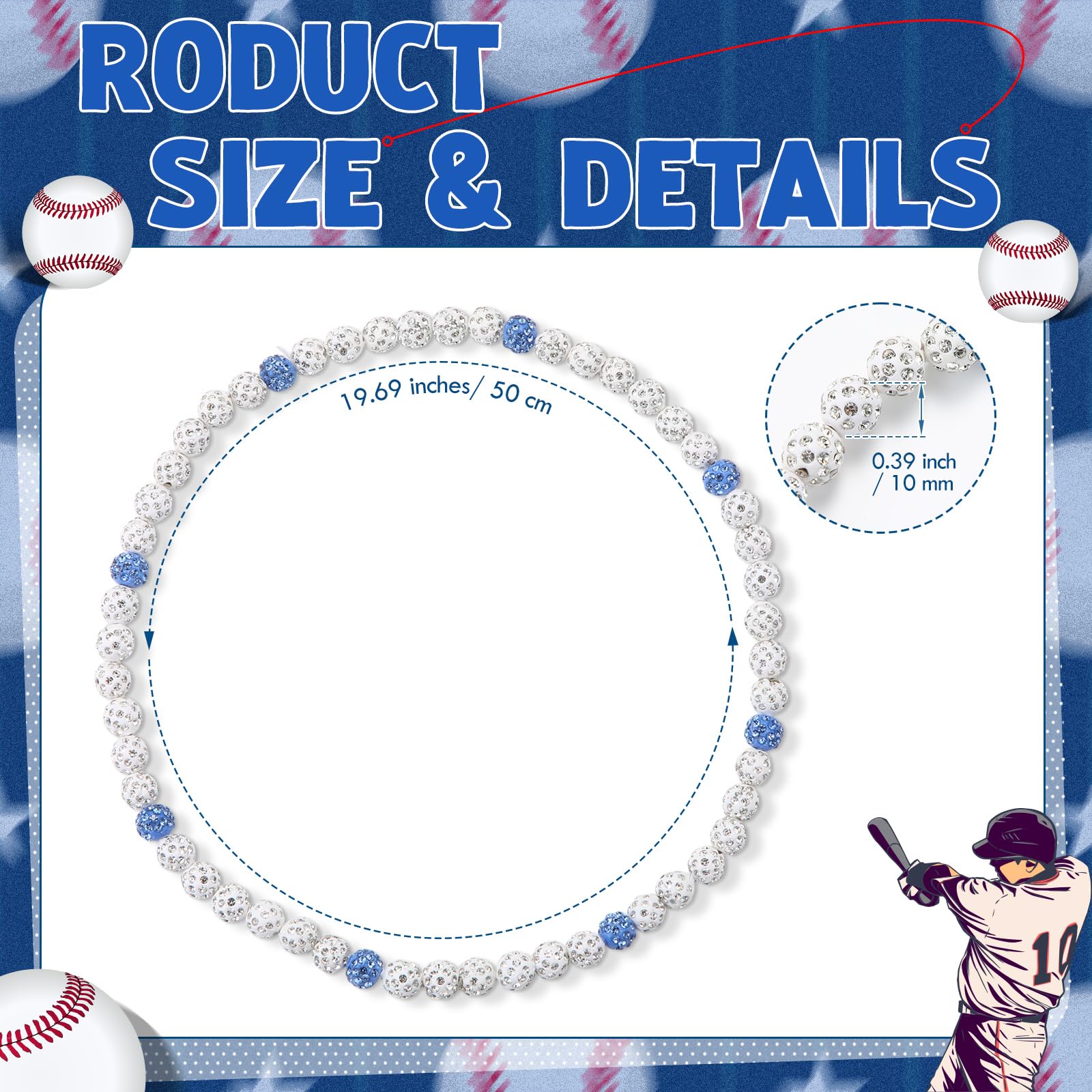 Liliaafar 6 Pcs Baseball Beaded Necklace for Teenager Bling Rhinestone Clay Beaded Necklace Gifts for Sports Team Fans(White, Li