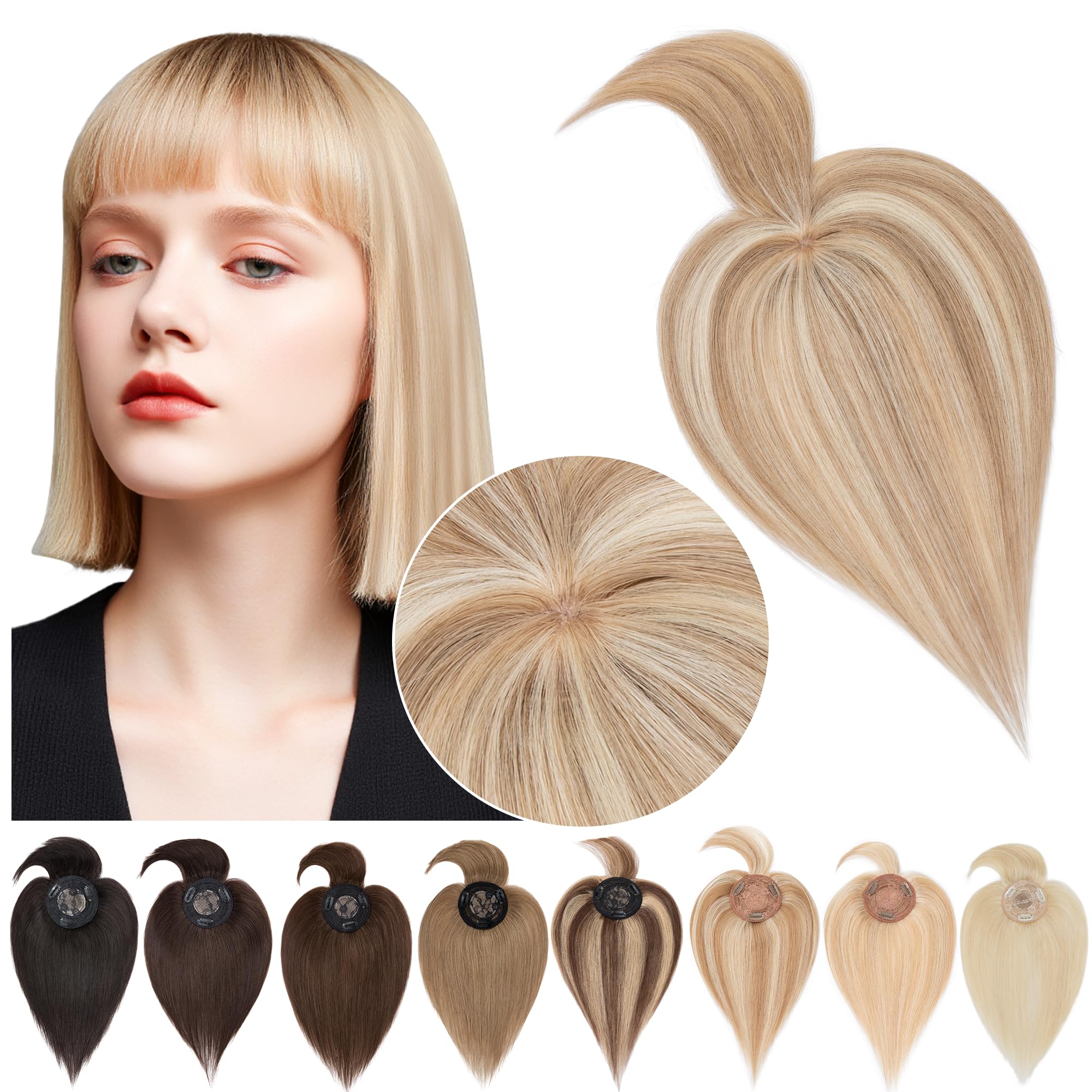 SEGO Hair Toppers for Women Real Human Hair with Bangs Mono Base 14 Inch Clip In Bangs Wiglets Topper Hair Pieces for Women with