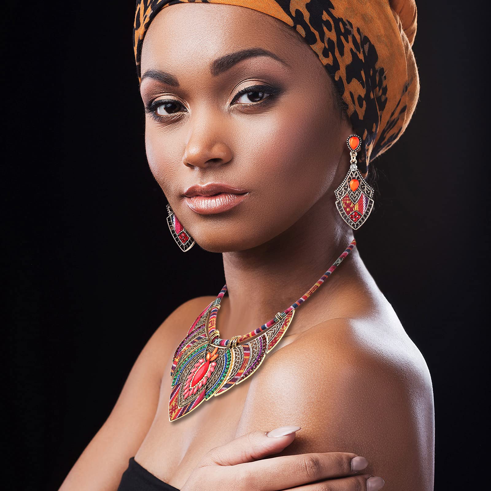Junkin 2 Pieces African Jewelry for Women Colorful Costume Jewelry Boho Vintage Statement Choker Ethnic Style Necklace Earring S