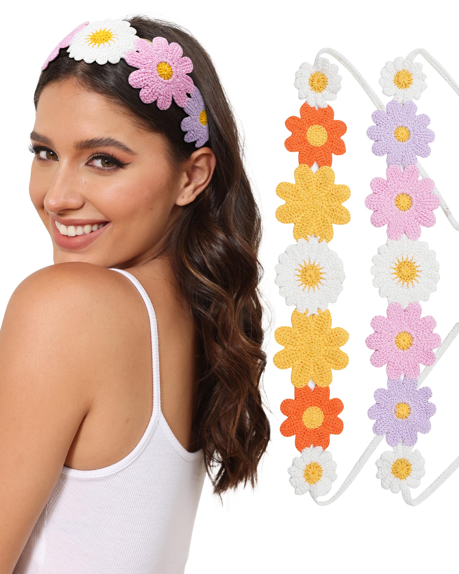 AWAYTR Crochet Headbands for Women Hippie Headband Bandana Tie-Back Knit Headband for Girls Wide Head Bands Floral Crochet Headw
