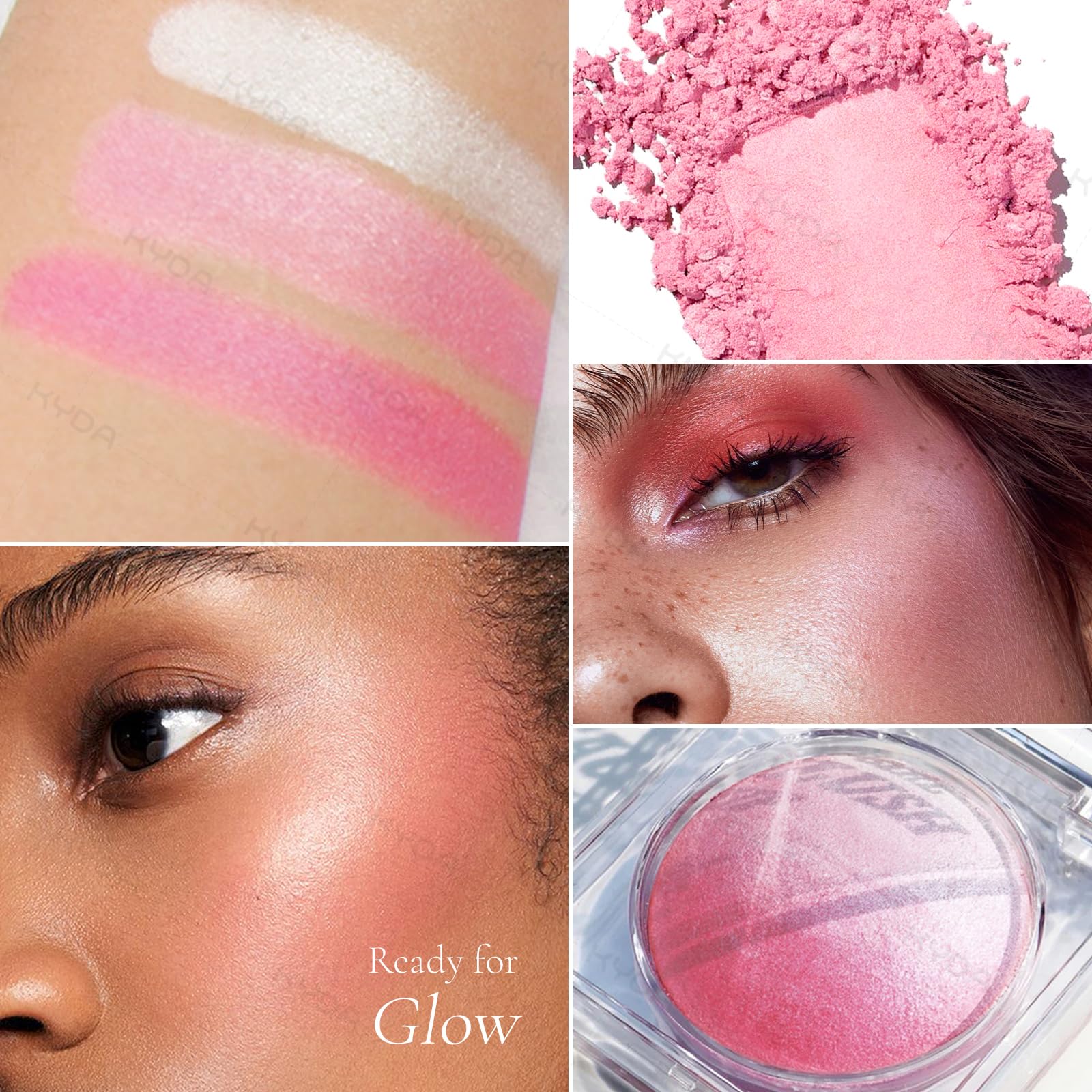 KYDA Pink Blush Powder, Pink Face Highlighter Baked Blush, Shimmer Blush for Natural Glowing Finish, Lasting Lightweight Buildab