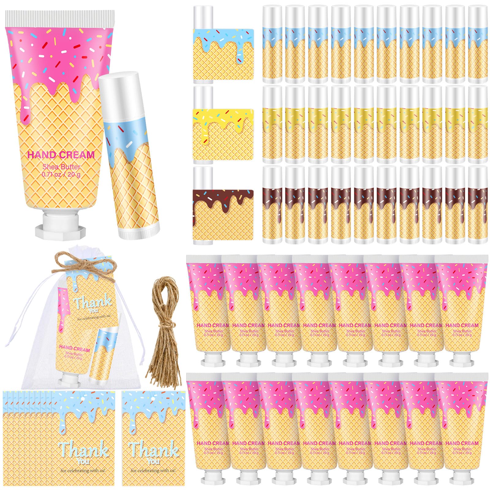 Heigble 200 Pcs/ 50 Set Ice Cream Drip Baseball Gift Bulk for Team Include Ice Cream Drip 50 Lip Balm 50 Hand Creams 50 Bag 50 T