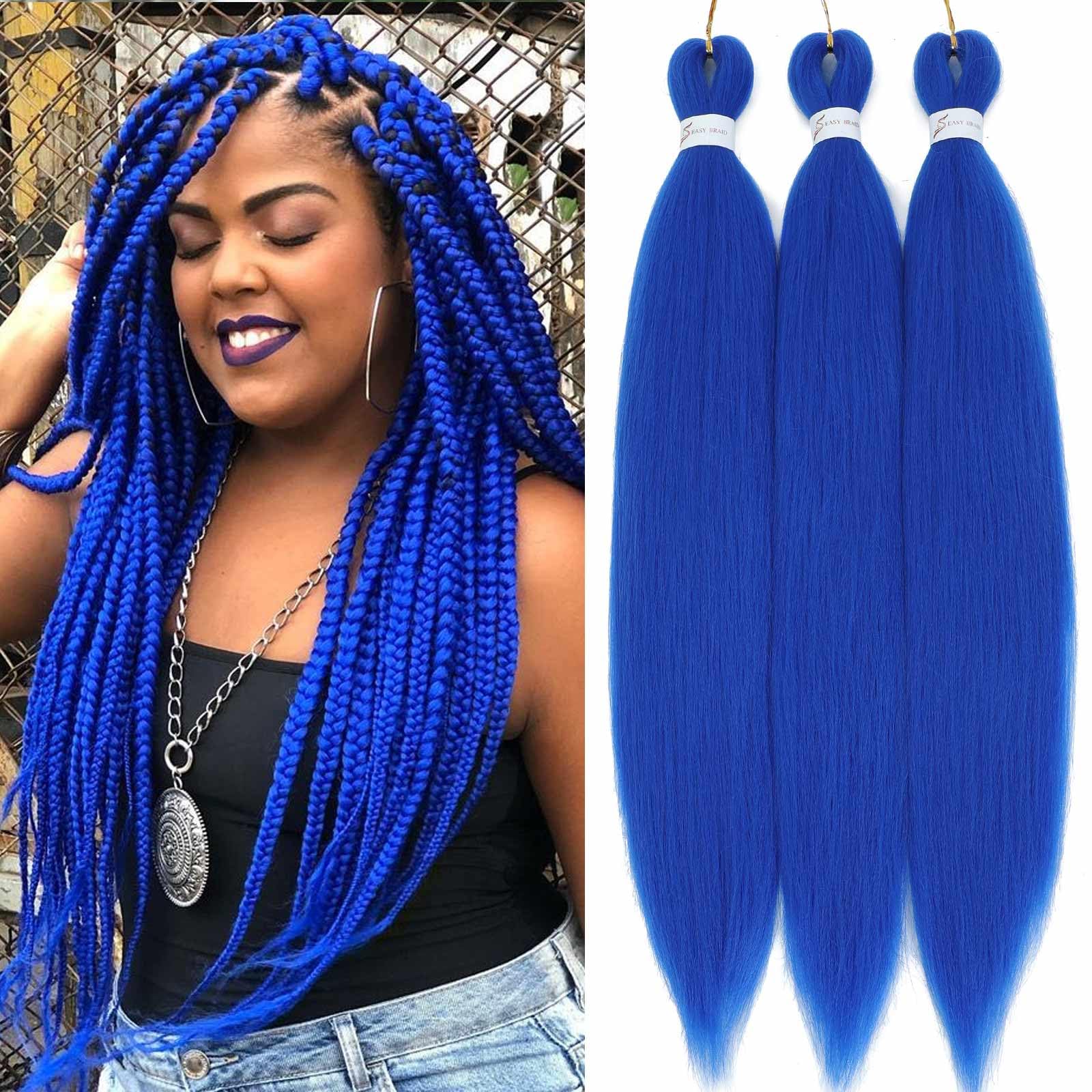 Royota Blue Braiding Hair Pre stretched 26 inch 3 Pieces Ez Braid Colored Hair Extensions for Women Synthetic Soft Yaki Knotless