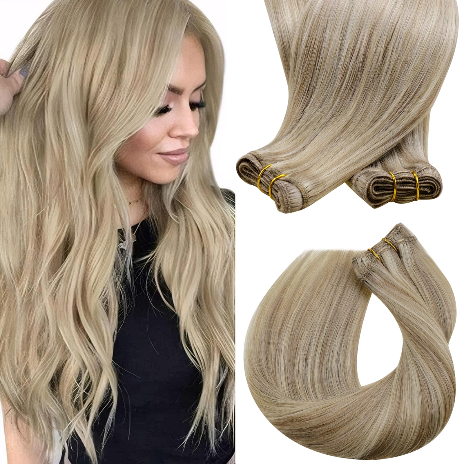 Sunny 24inch Weft Hair Extensions Human Hair Highlights Sew in Extensions Human Hair Dark Ash Blonde Golden Blonde Highlights Ha