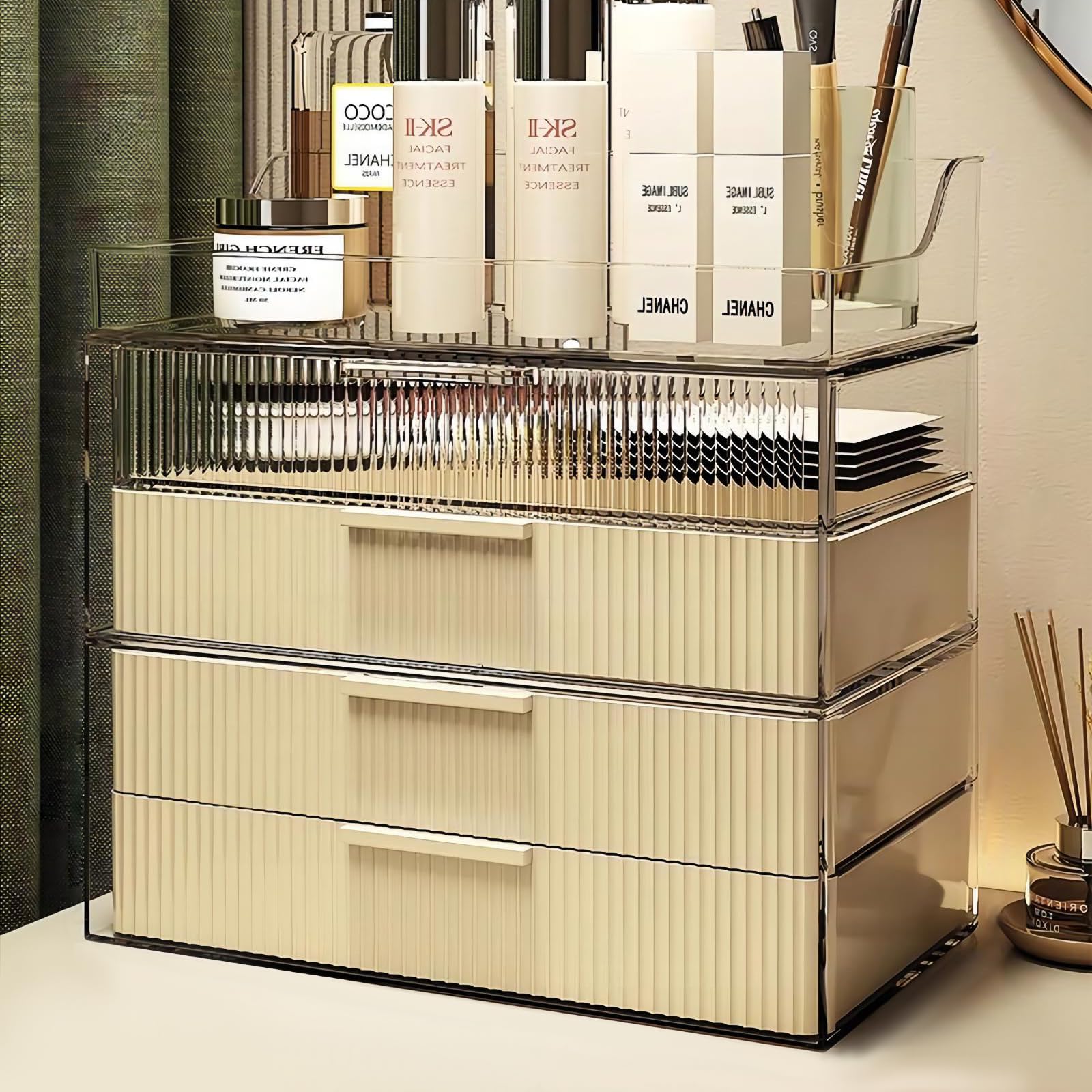 DASITON Cream Dustproof Four layers Storage Box,Makeup Brush Holder,Large Capacity Desktop Storage Box with Drawer,for Beauty Pr