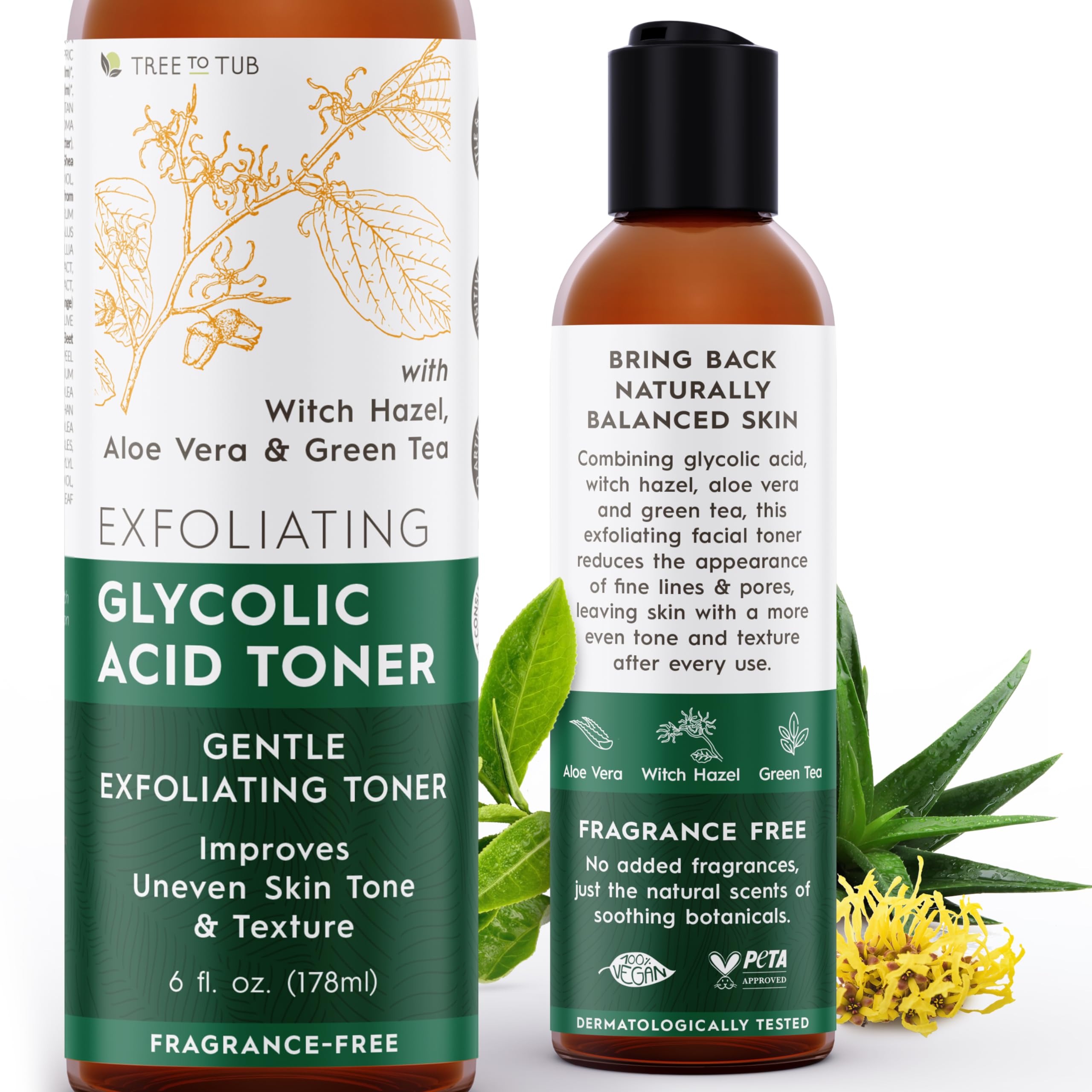Tree To Tub Glycolic Acid Toner for Face w/Witch Hazel & Hydrating Aloe Vera for Smooth Skin - Minimizes Appearance of Fine Line