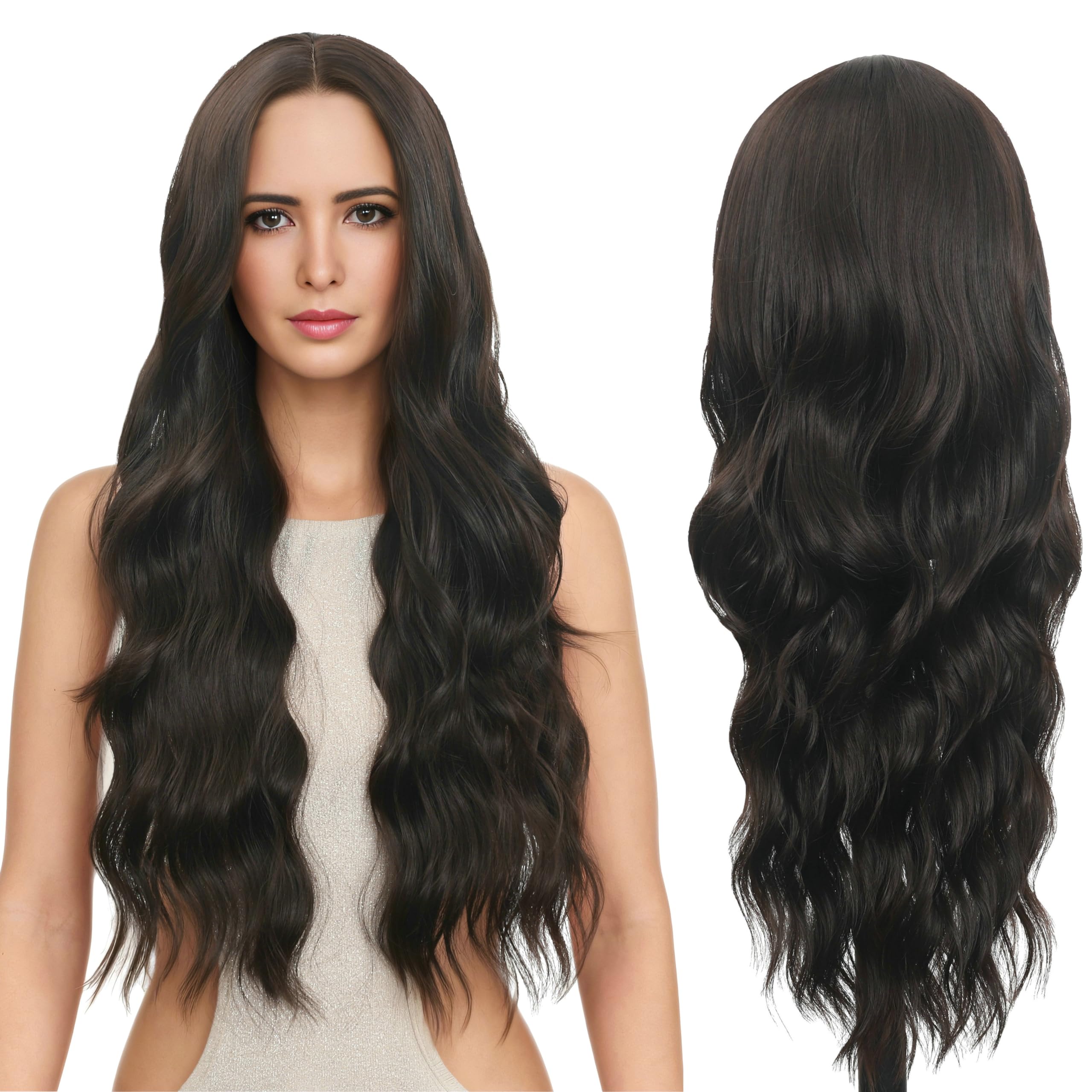 FUTAI Long Wavy Wig 30 Inch Dark Brown HD Front Lace Body Curly Synthetic Hair Wigs for Women Professional Female Diverse Styles
