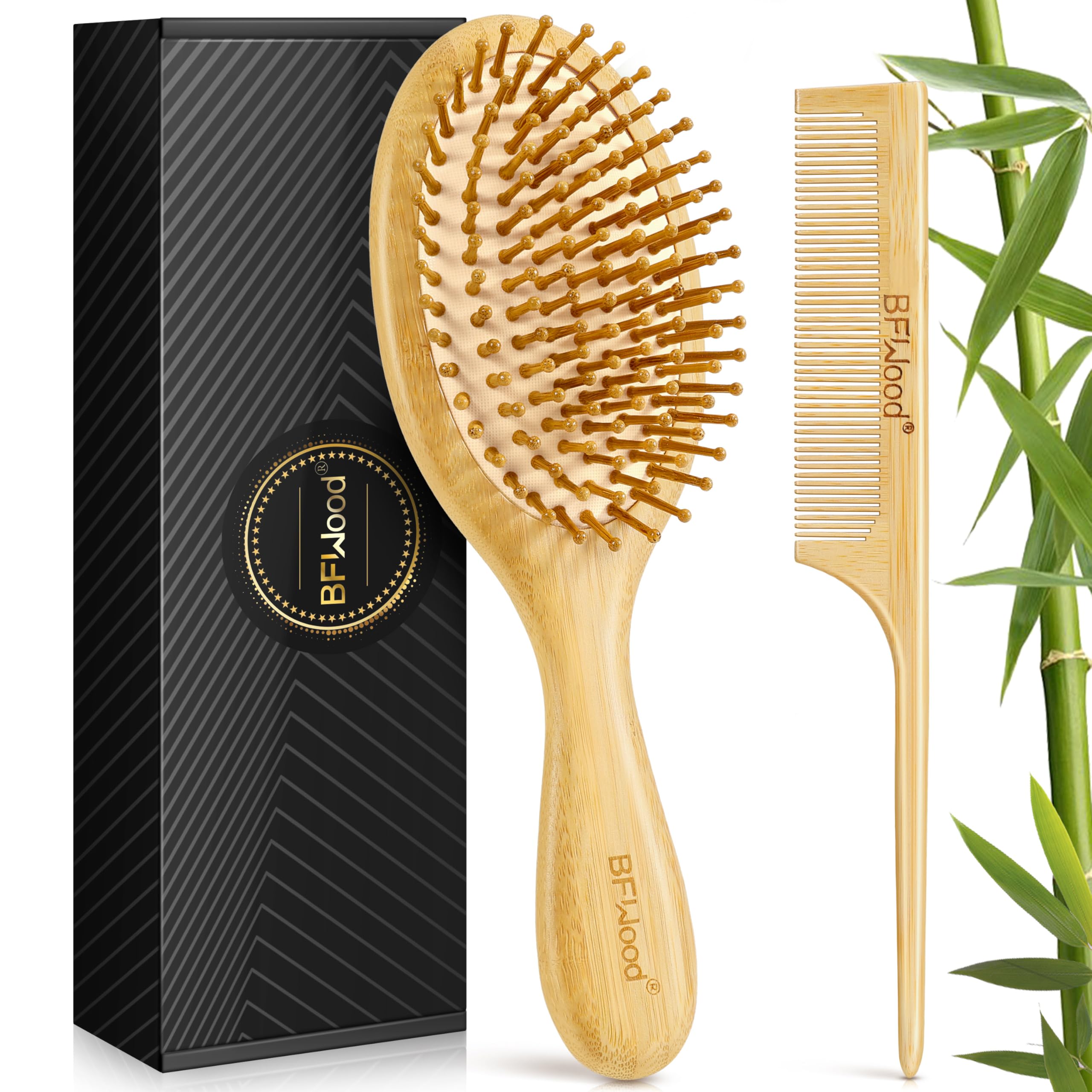 BFWood Bamboo Hair Brush for Hair Growth, Natural Wooden Brush and Detangle Tail Comb Set, Paddle Hairbrush for Massaging Scalp,