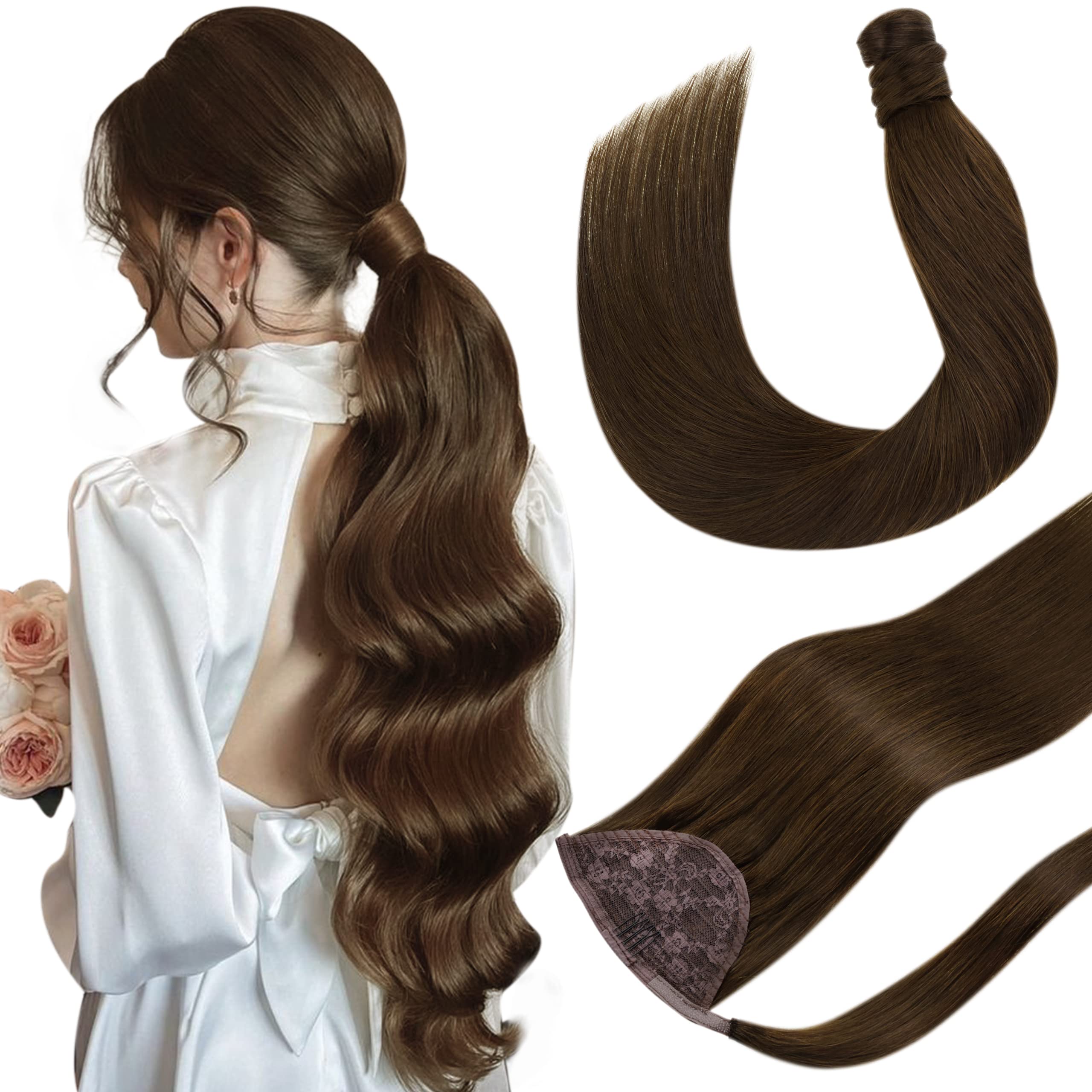 Hetto Brown Clip in Ponytail Hair Extensions Dark Brown Wrap around Ponytail Human Hair #4 Chocolate Brown Ponytail Extensions H
