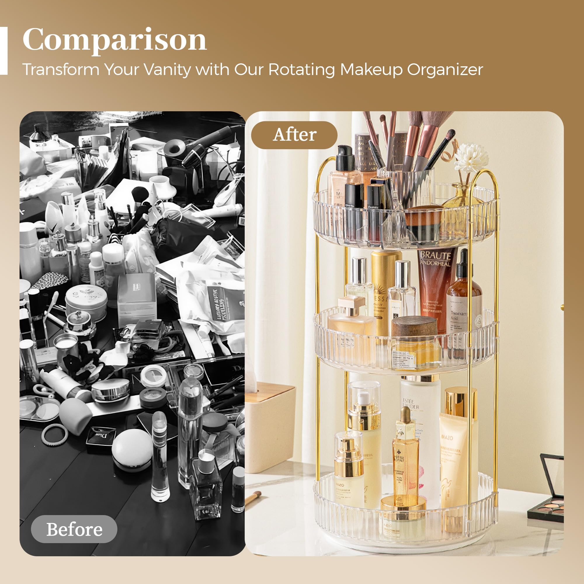 Aveniee 360 Rotating Makeup Organizer, Perfume Skincare Bathroom Countertop Vanity Organizers, Clear 3 Tier Spinning Skincare St