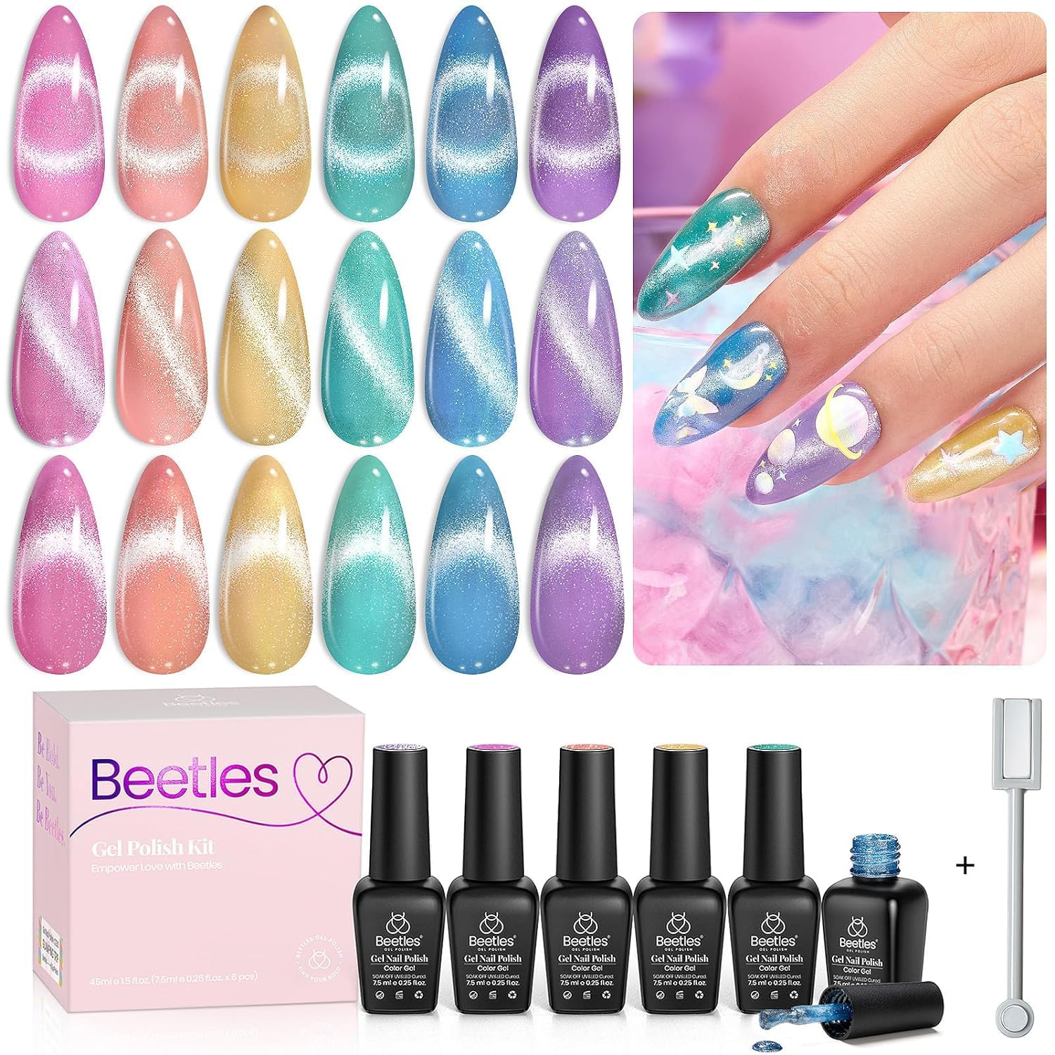 Beetles Spring Gel Nail Polish Set, 6 Colors Cat Eye Gel Nail Set Glitter Velvet Valentines Gel Polish Kit With Magnet Fairytale