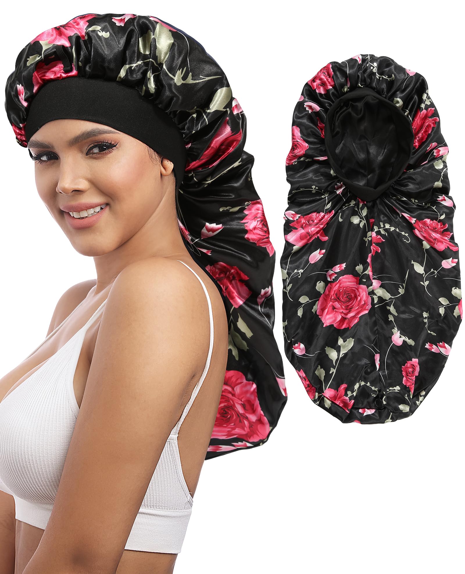AWAYTR Long Satin Braids Bonnet for Women - 2 Layer Silk Bonnet for Braids Elastic Hair Sleeping Cap with Wide Band Nightcap (Fl