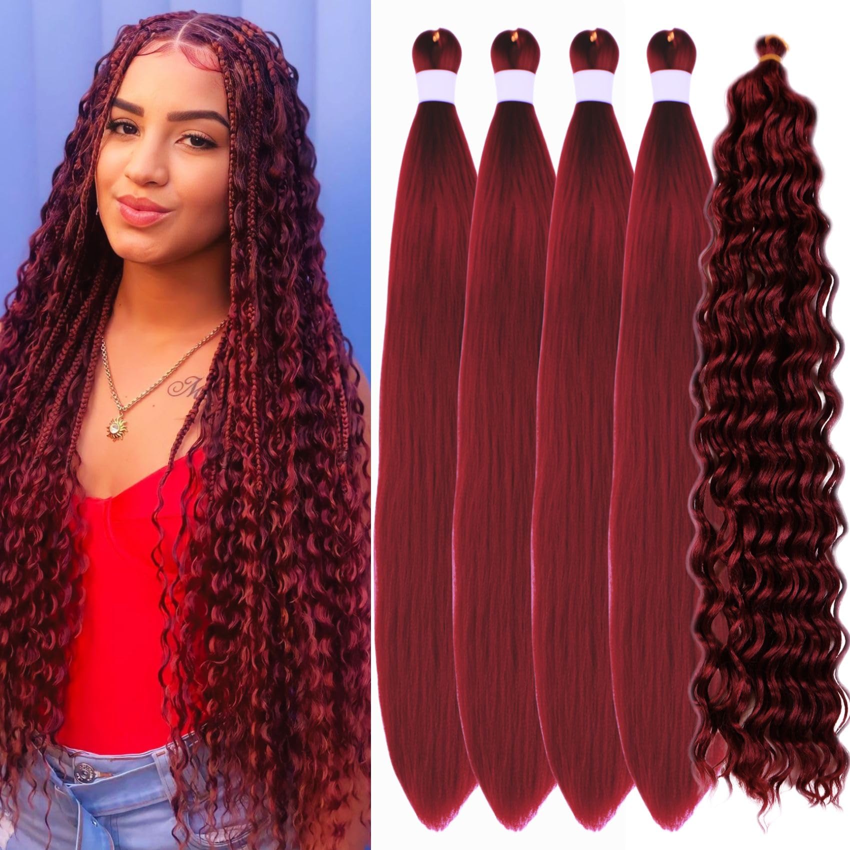 Burgundy Braiding Hair Pre Stretched for Boho Braids Synthetic Prestretched EZ Braiding Hair for Knotless Box Braids Bohemian Br