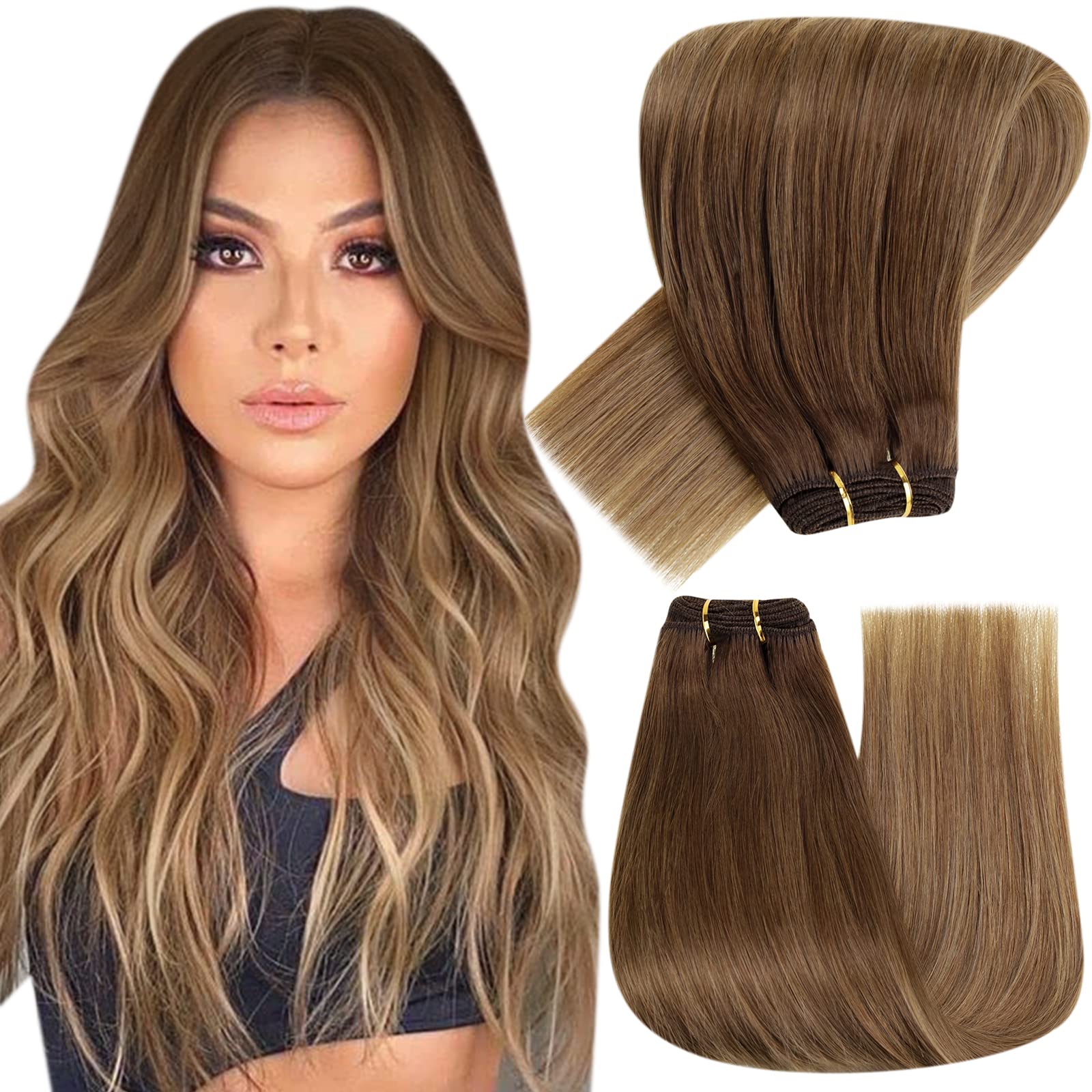 Hetto Ombre Sew in Weft Extensions #6/8/14 Brown to Light Brown Mix Dark Blonde Human Hair Weft 18 Inch Straight Weft Hair Exten