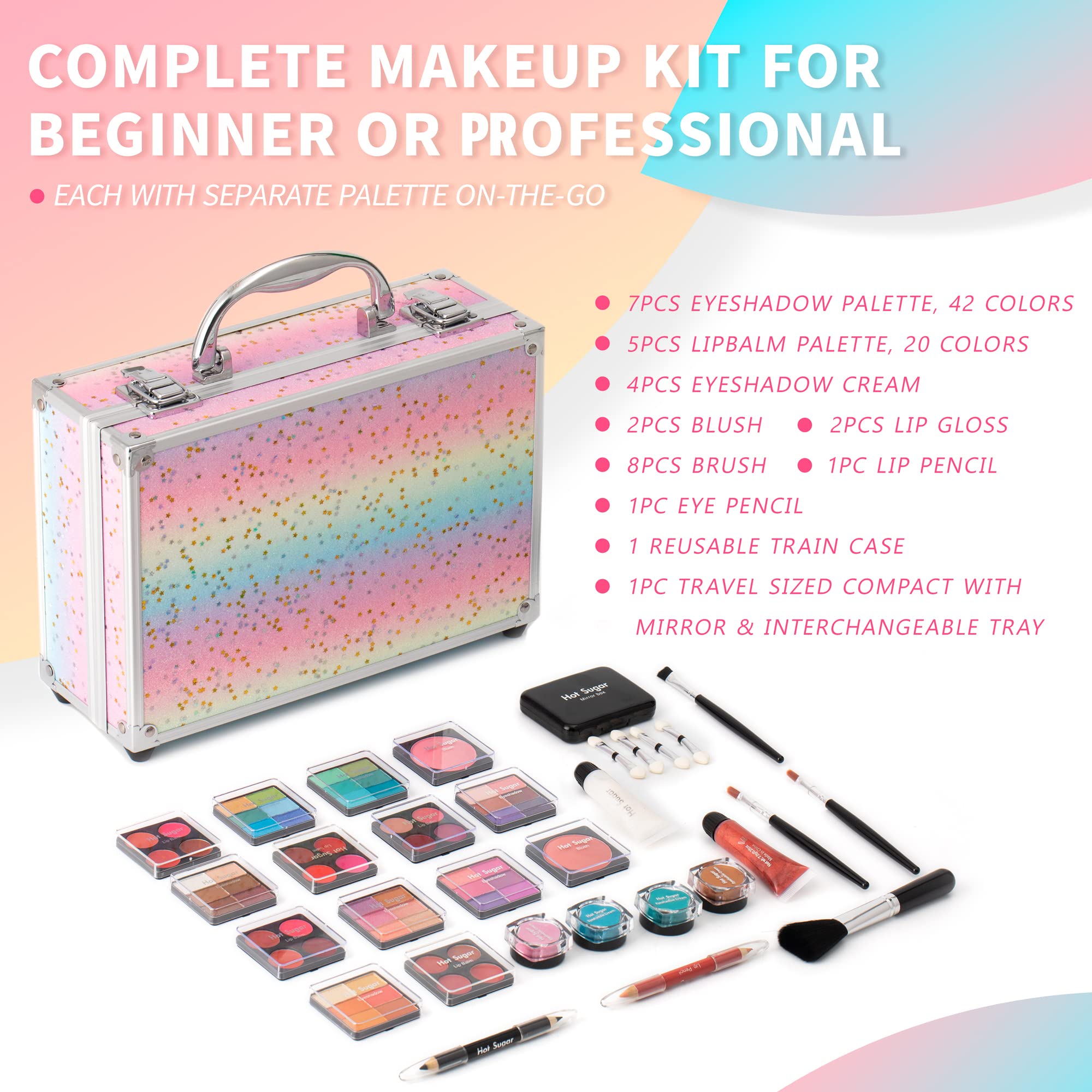 Hot Sugar Makeup Kit For Teenager Girls - Full Starter Cosmetics Set With Eye Shadow Lip Balm Blush Lip Gloss Brush Lip Pencil E