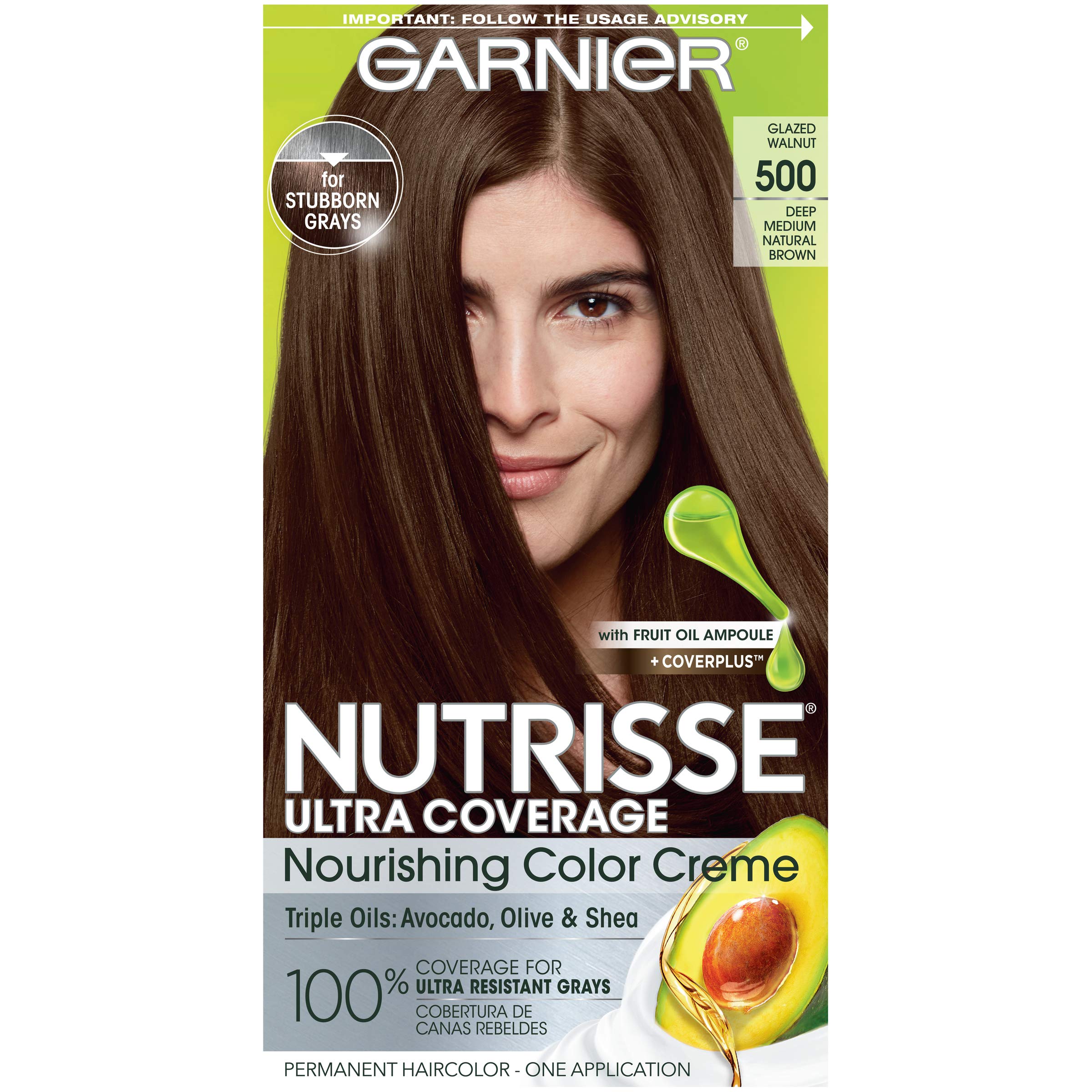 Garnier Hair Color Nutrisse Ultra Coverage Nourishing Creme, 500 Deep Medium Natural Brown (Glazed Walnut) Permanent Hair Dye, 1